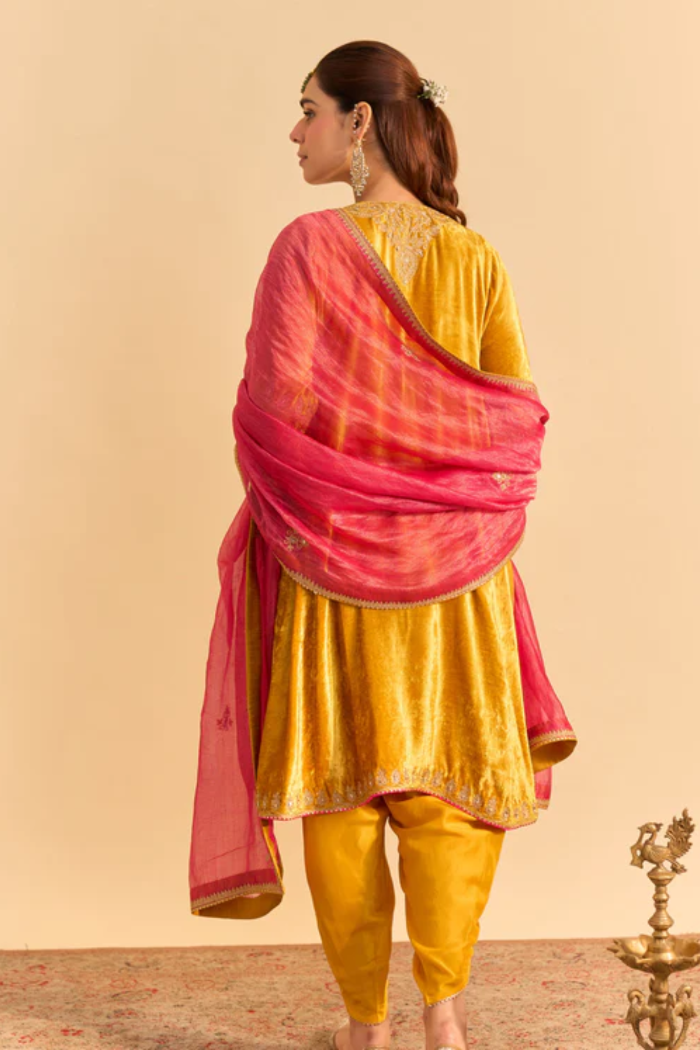 Amal - Silk Velvet Mustard A-line Kurta with Dhoti