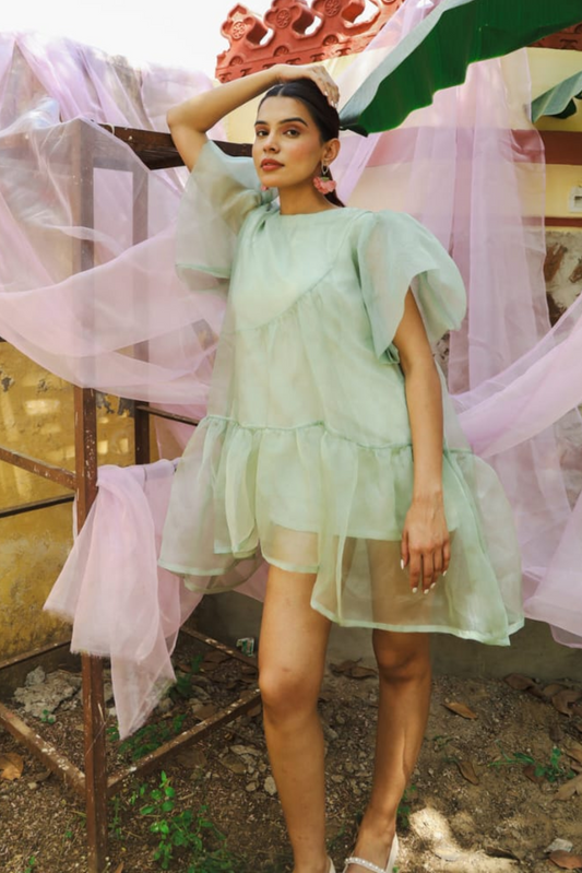 Mini Panelled Tier Dress- Pistachio