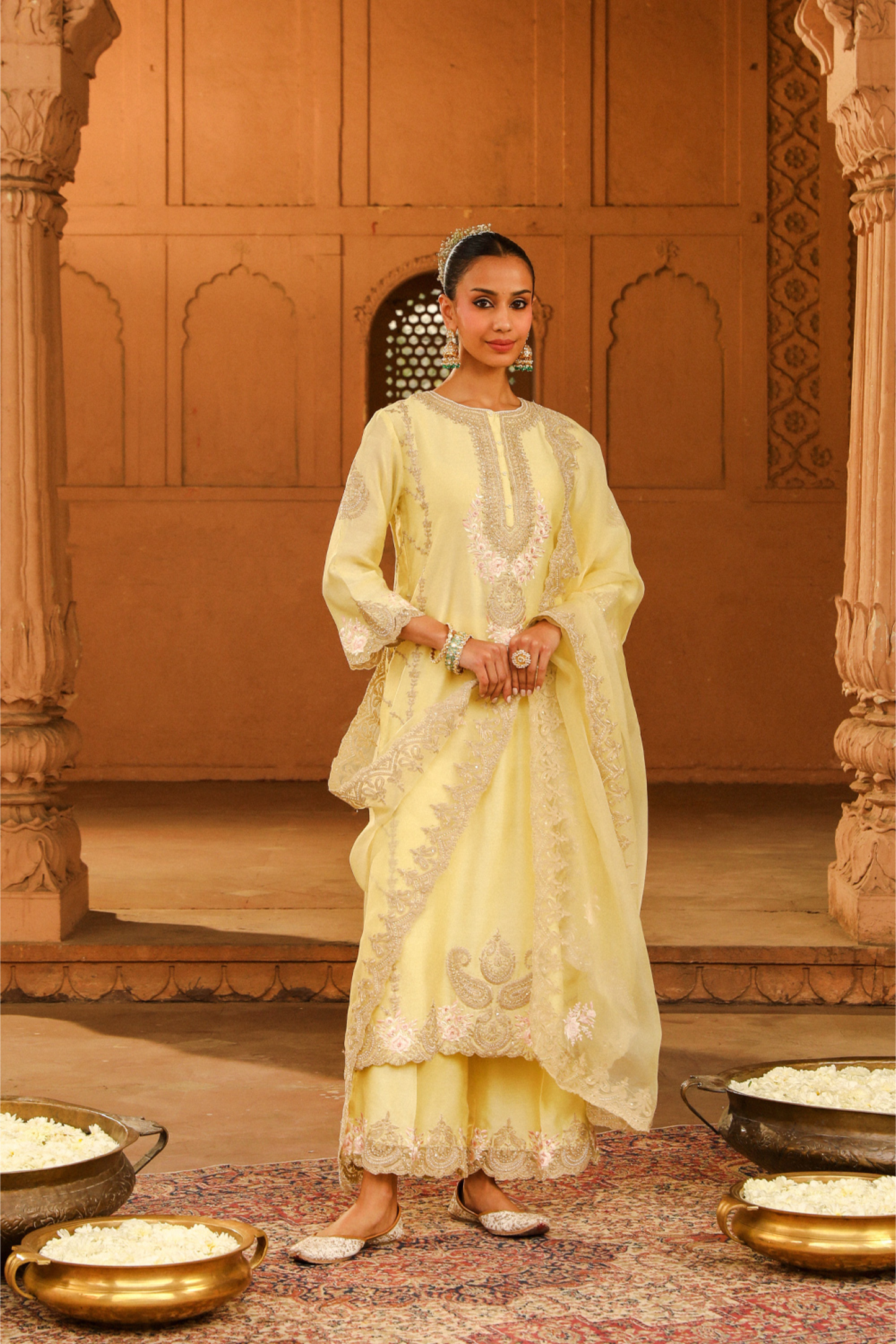 Yusra A-line palazzo suit with dupatta - Lemon Yellow