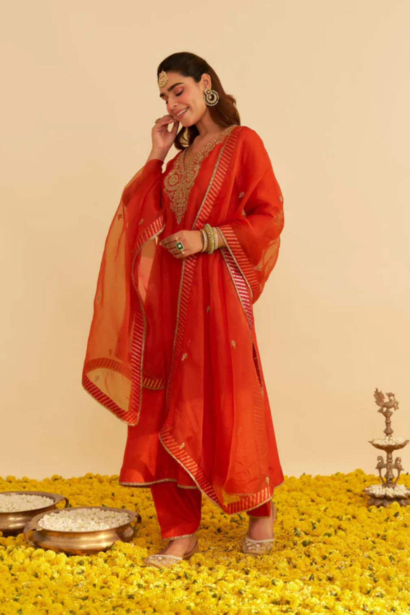 Haayat - Burnt Orange Long Kaftan With Salwar and Dupatta