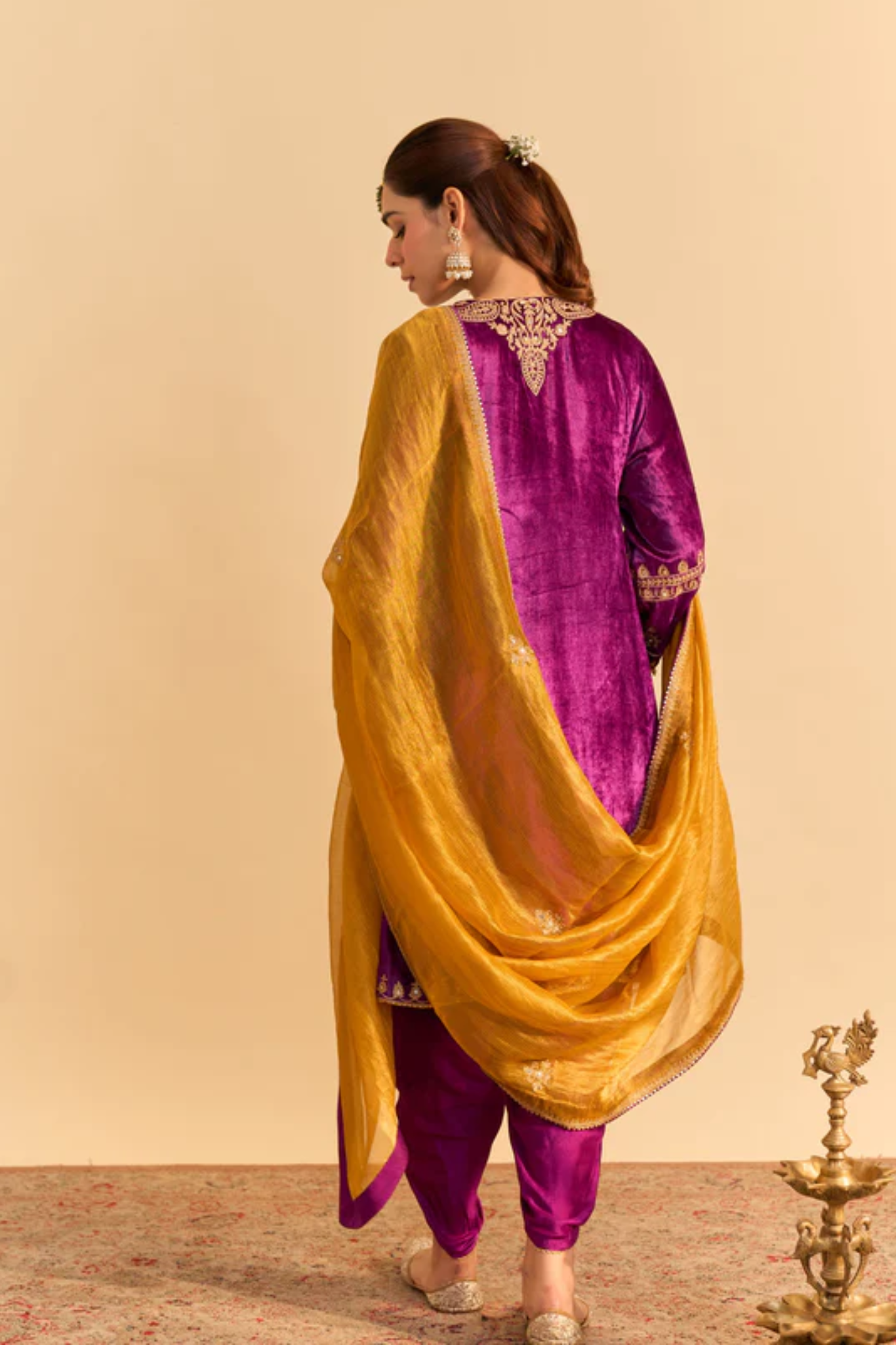 Amal - Silk Velvet Deep Purple A-line Kurta with Dhoti with Dupatta