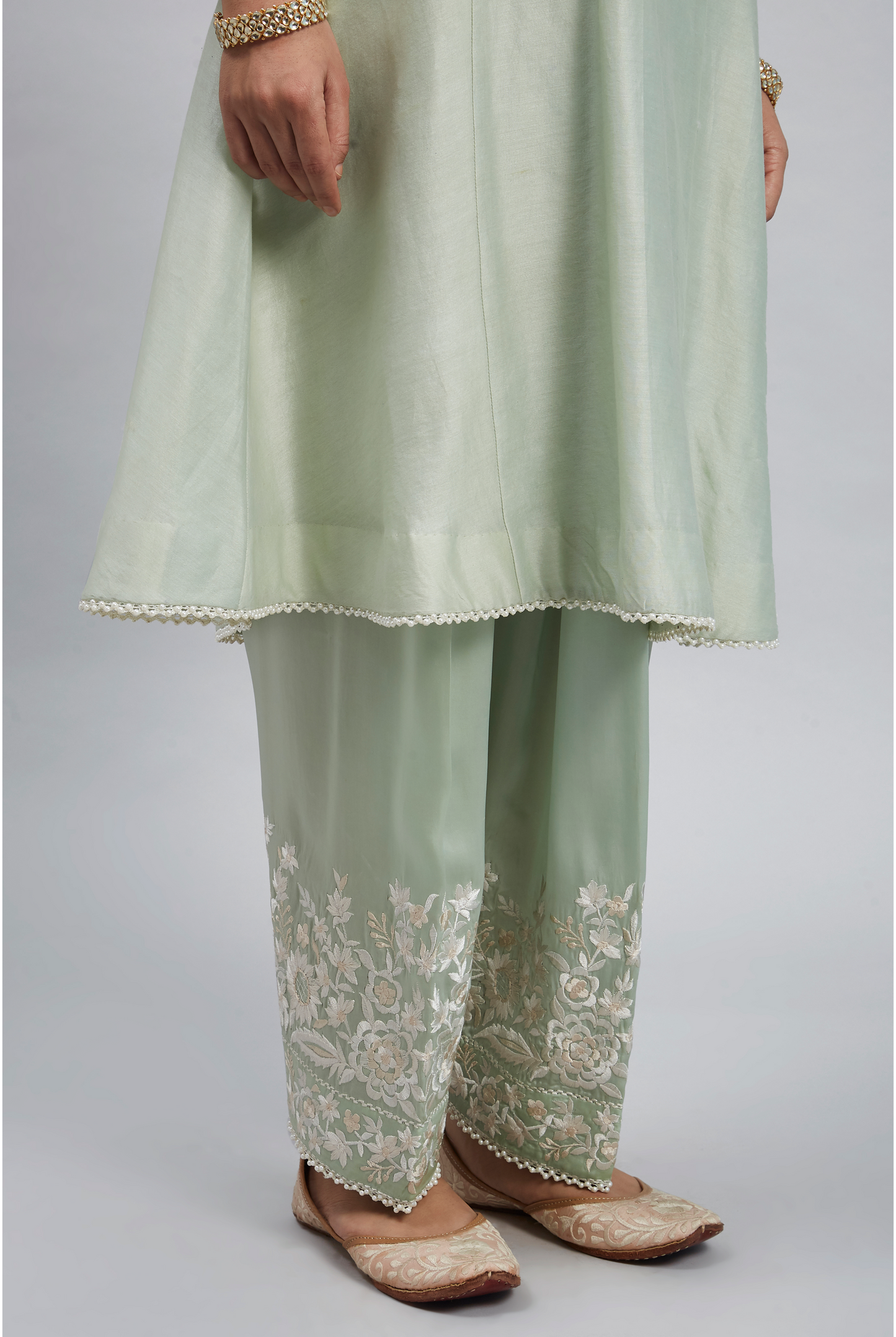 Kaina Pure Chanderi Silk Parsi Gara Embroidered Ensemble- Mint Green