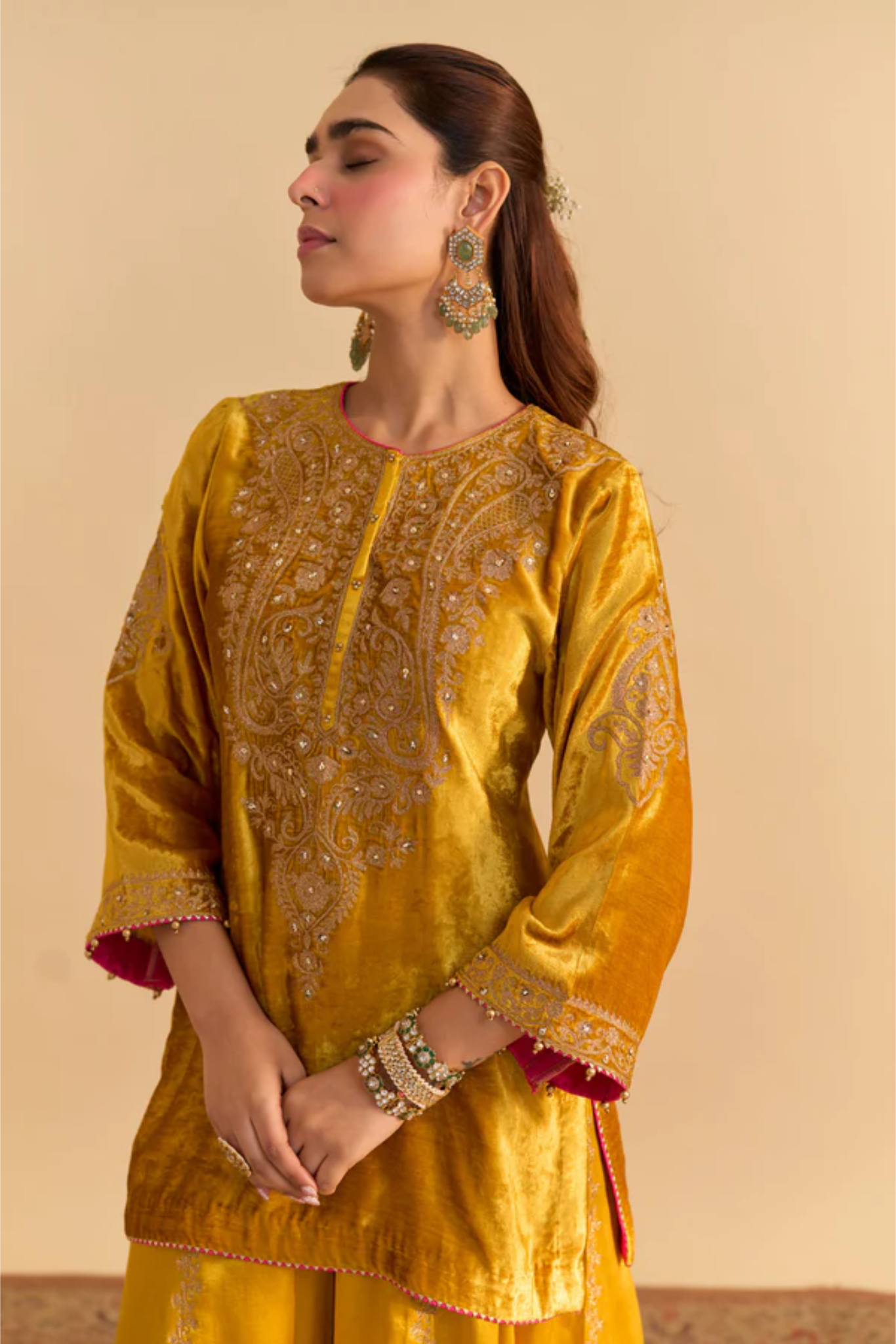 Aroob - Silk Velvet Mustard Kurta With Sharara And Dupatta