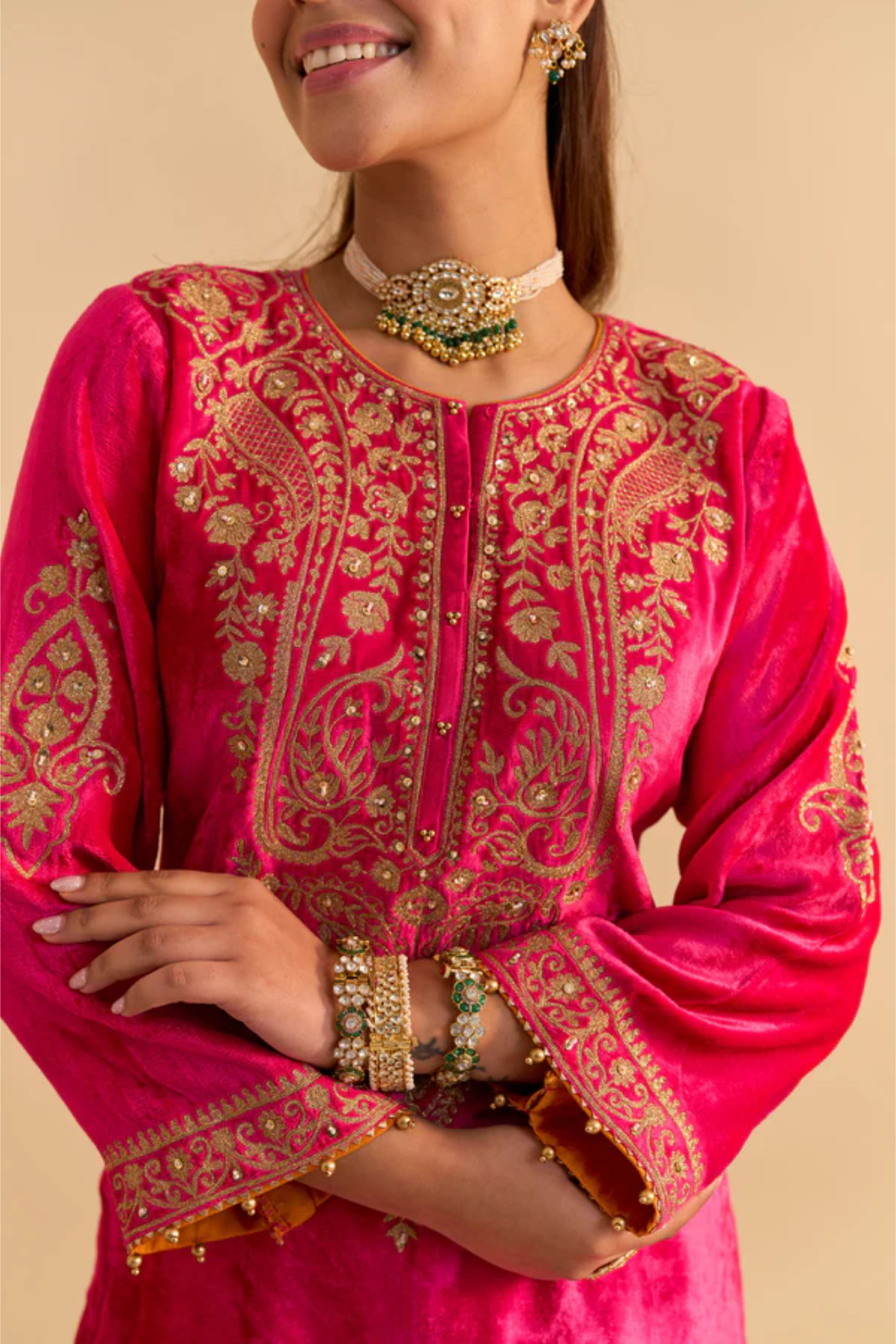 Aroob - Silk Velvet Hotpink Kurta With Sharara And Dupatta