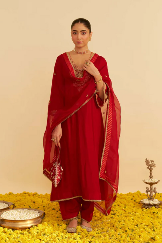 Haayat - Deep Red Long Kaftan With Salwar and Dupatta