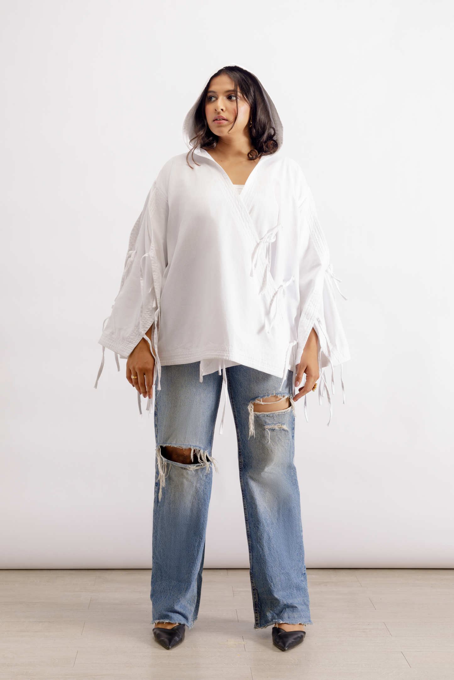 White Deconstructed Denim Cape Jacket