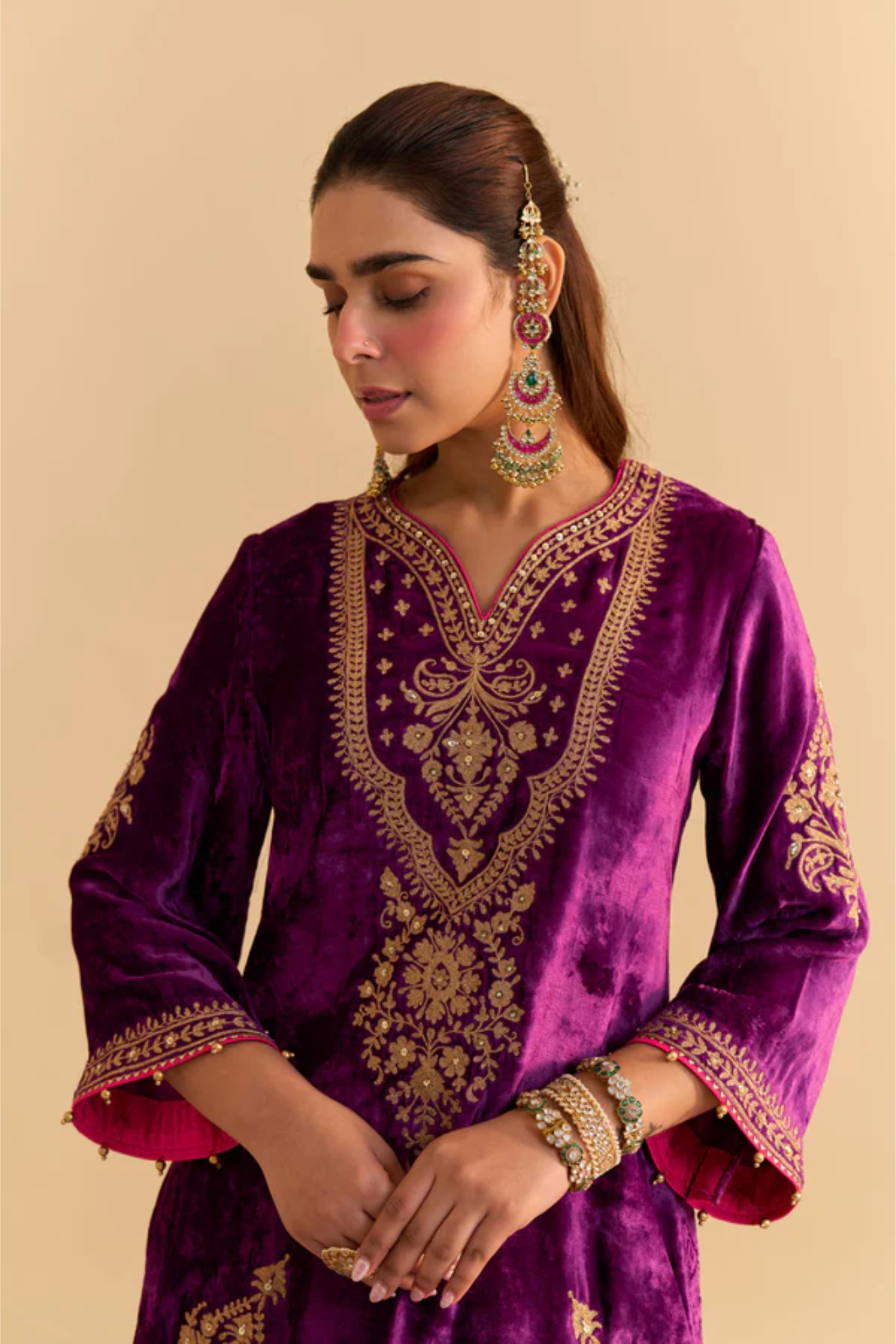 Nooren - Silk Velvet Deep Purple Kurta With Flared Palazzo And Dupatta