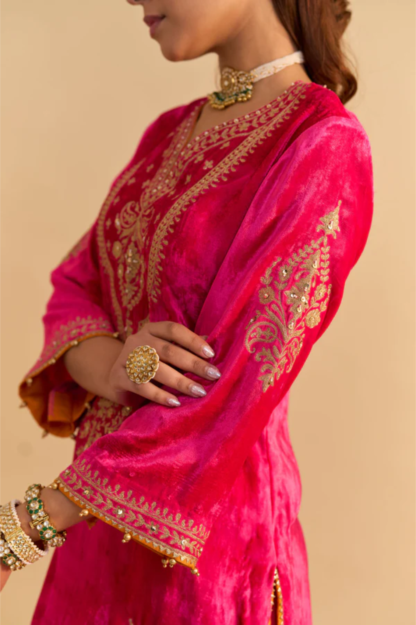 Nooren - Silk Velvet Hotpink Kurta With Flared Palazzo And Dupatta