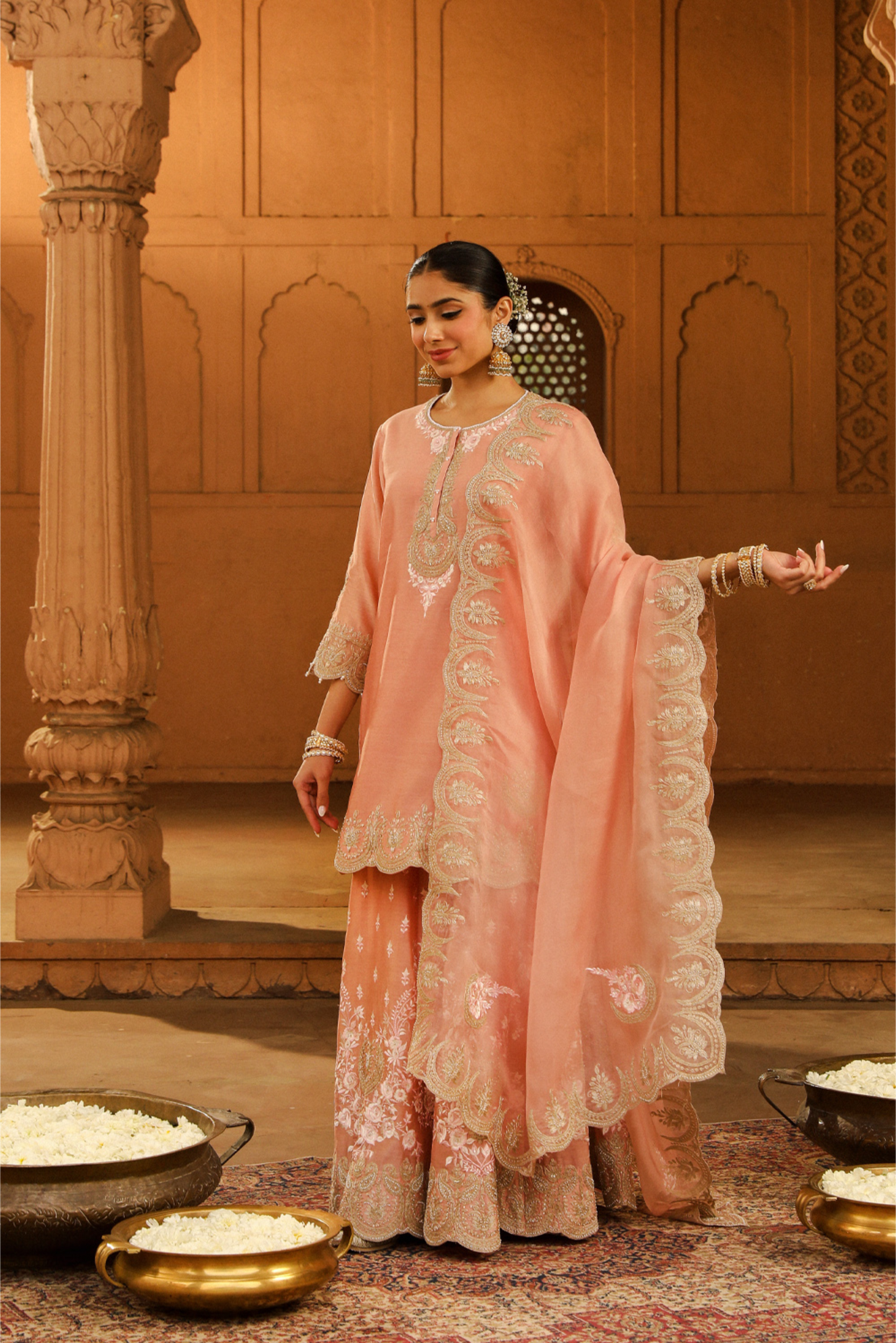 Ayda Short kurta with sharara and dupatta - Off Rose