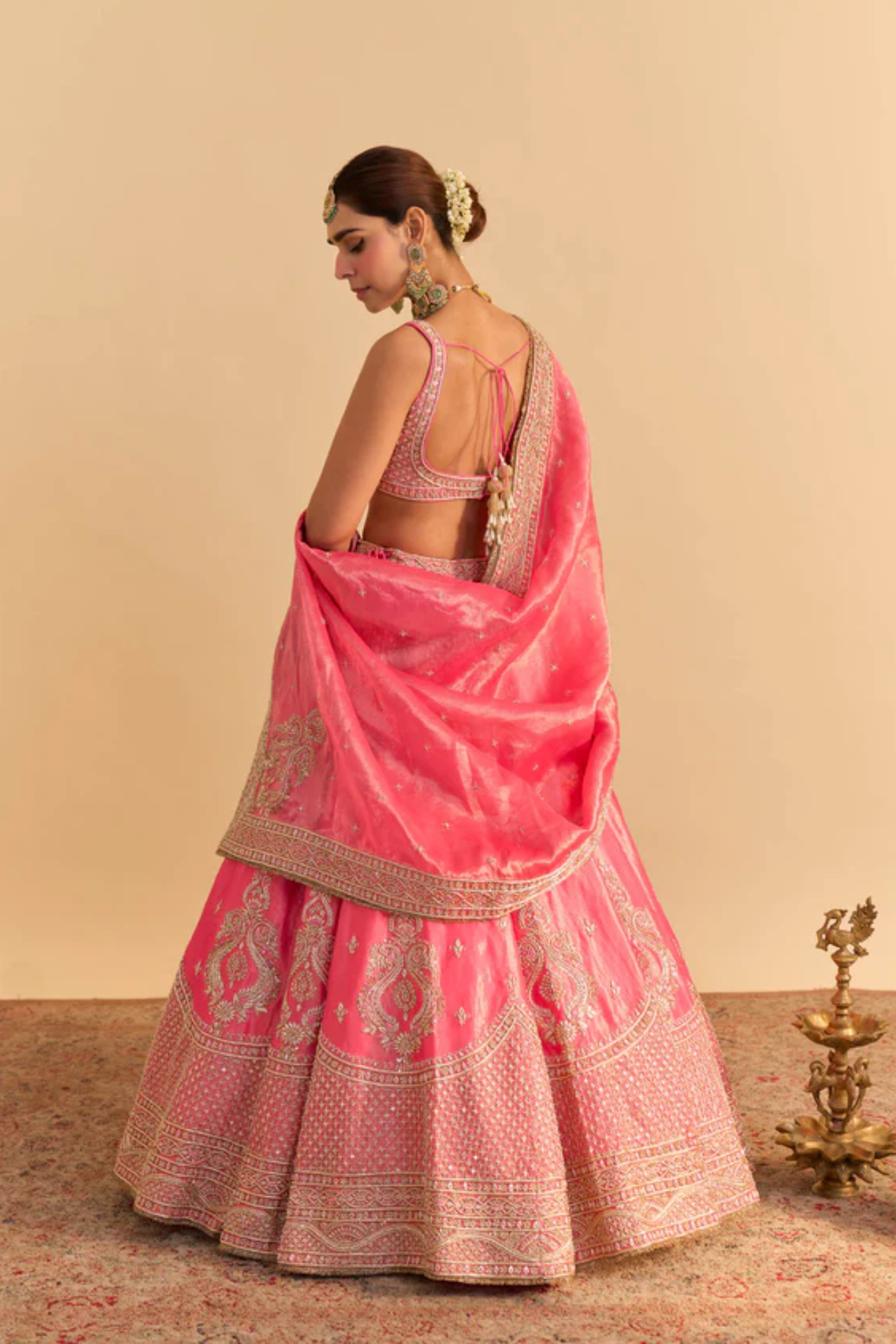 Aashina - Dabka Zardozi Embroidered Pure Tissue Carrot Pink Lehenga Set