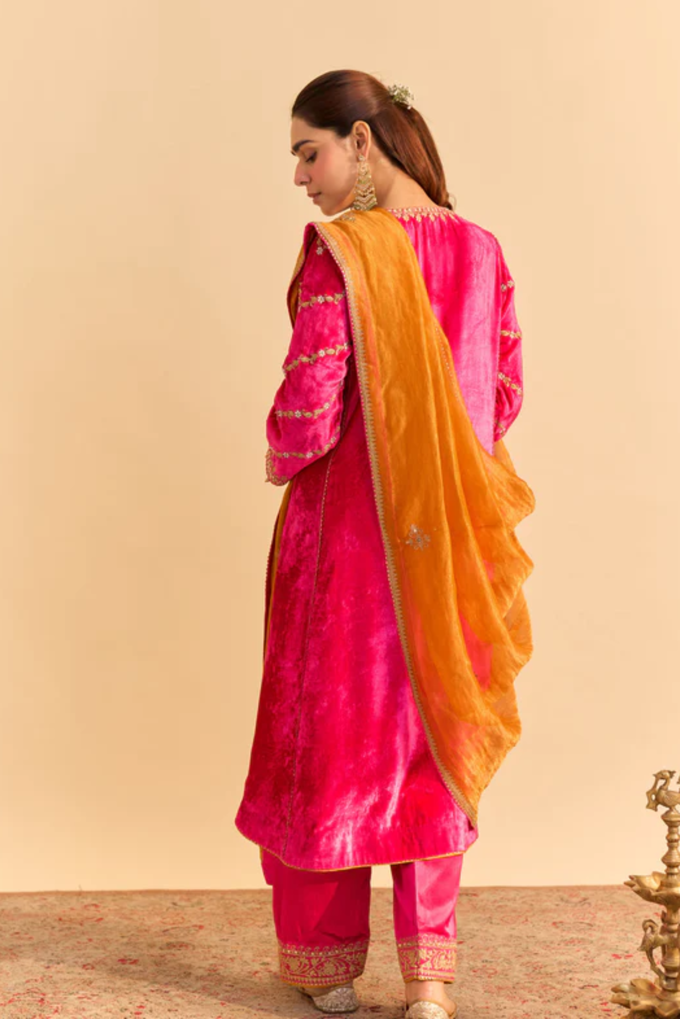 Azmiya - Silk Velvet Hotpink Chauga With Salwar