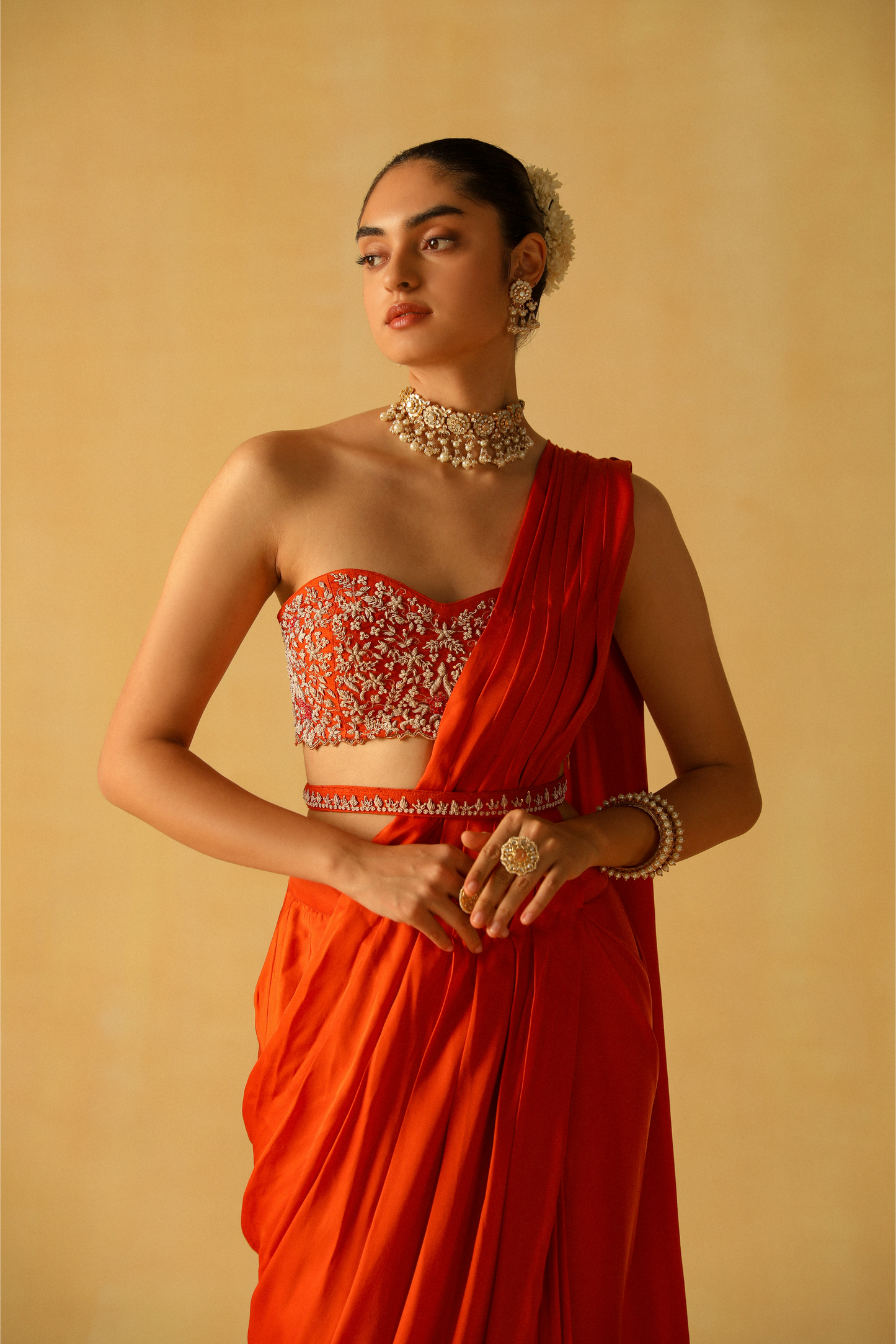 Rumaan Draped Saree - Burnt Orange