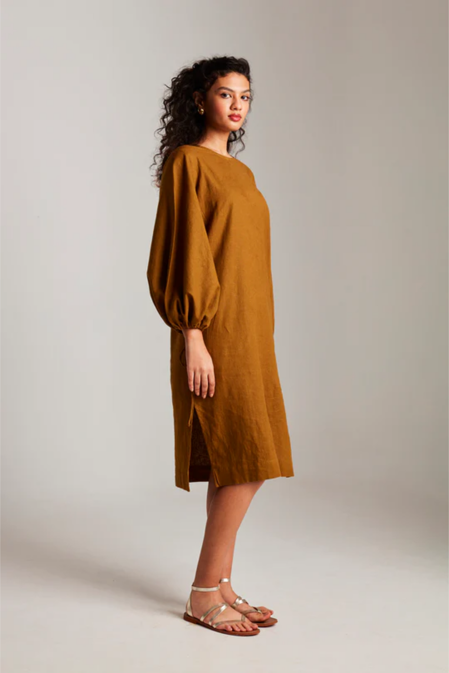 Olive Co-Linen Balloon Sleeves Dress