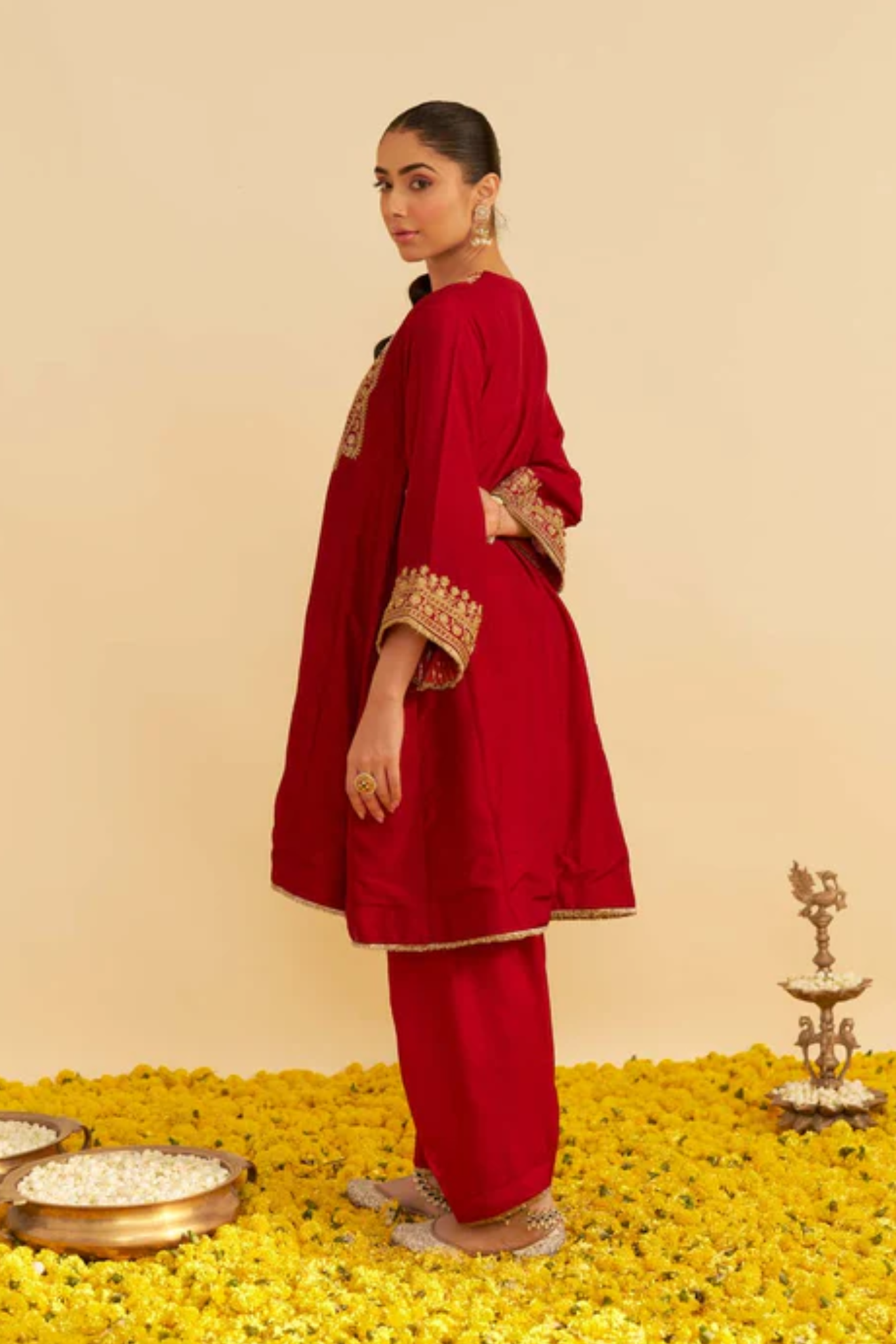 Mehza - Deep Red Short Chauga With Salwar