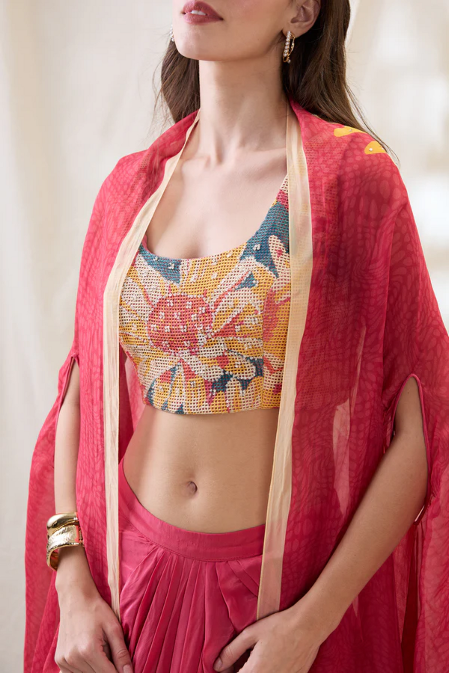 Ravya Drape Skirt Set with Embellished Cape