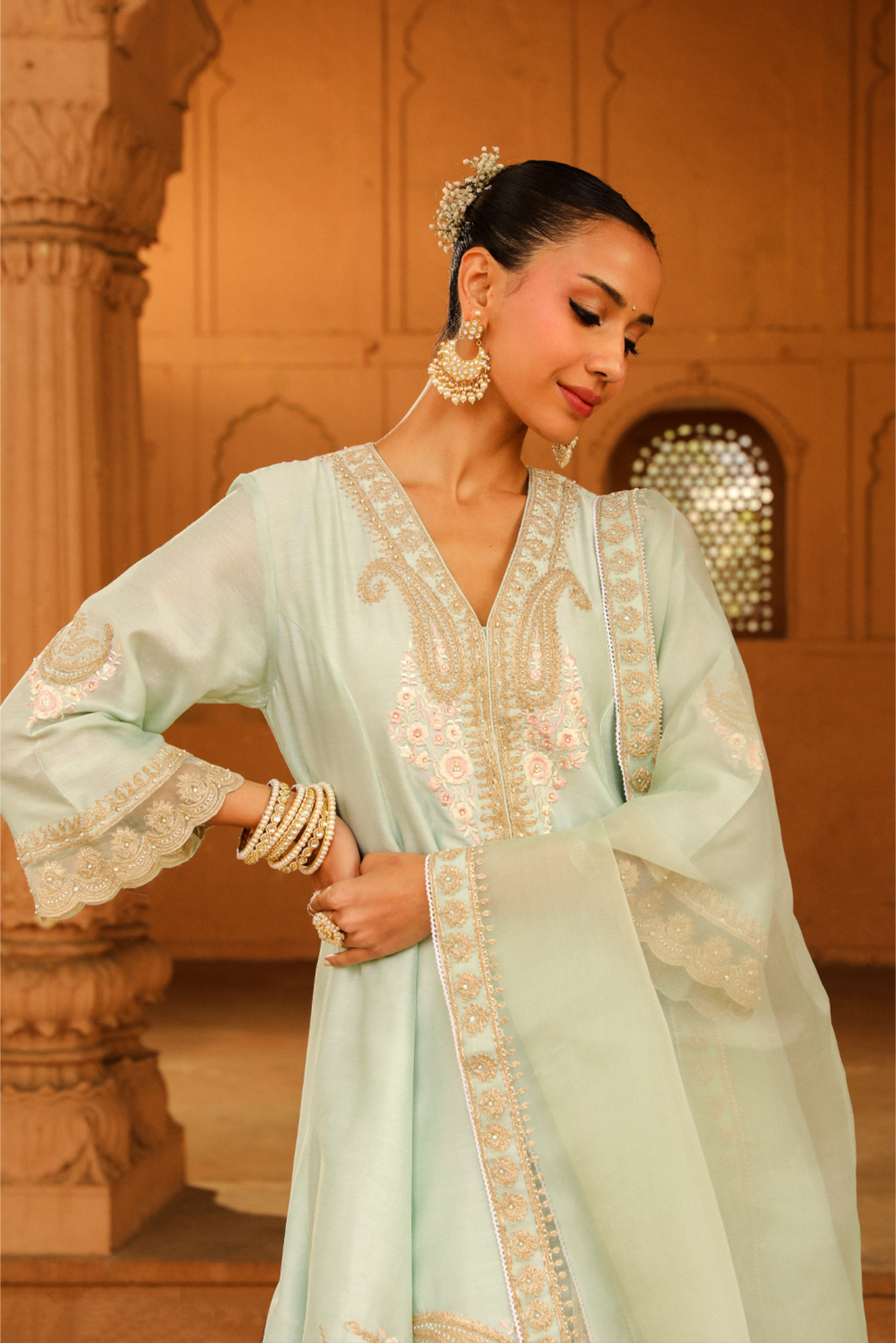 Fajr Short Anarkali with salwar and dupatta - Misty Green