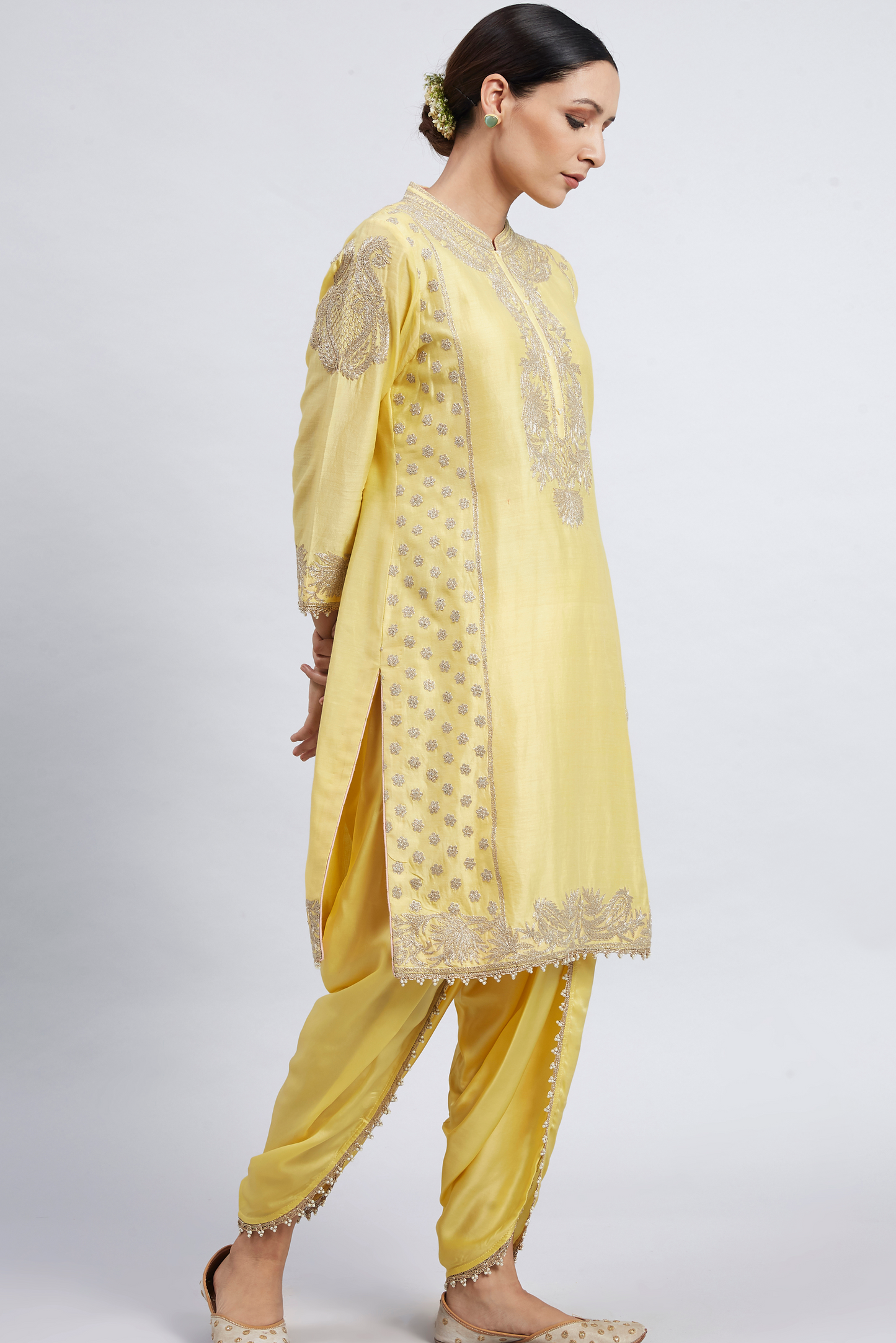 Aabish Pearl Embroidered Kurta Set - Daffodil Yellow