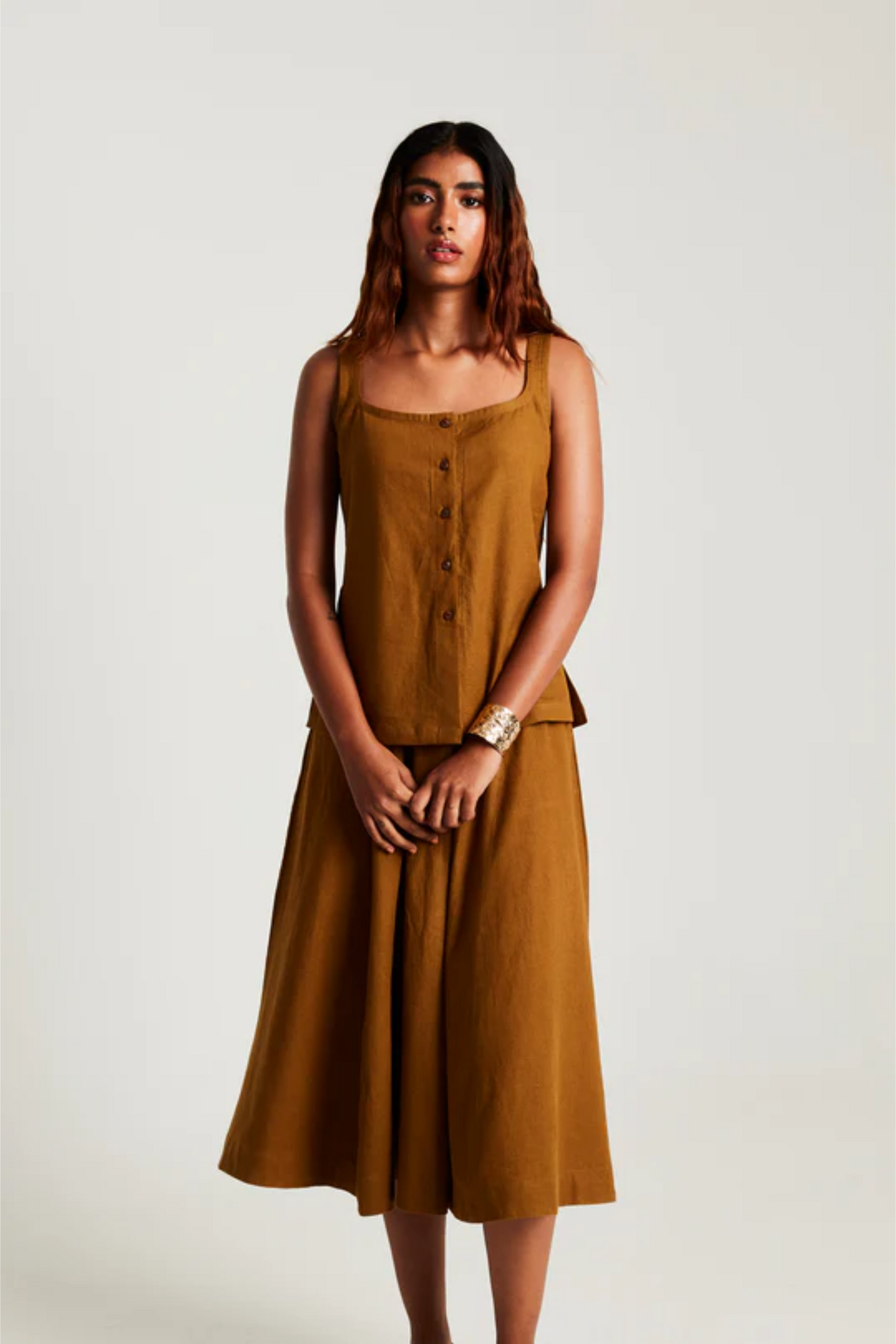 Olive Co-Linen Side Slit Top & Skirt Set