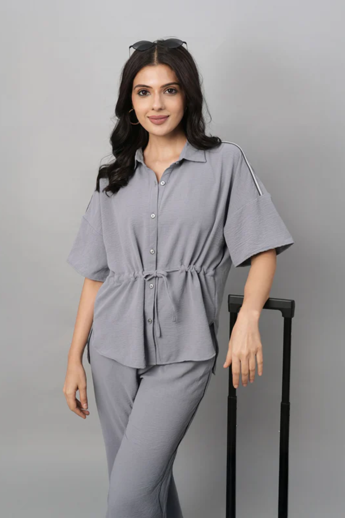 Grey Tie Up Top with Loose Pants Cord Set
