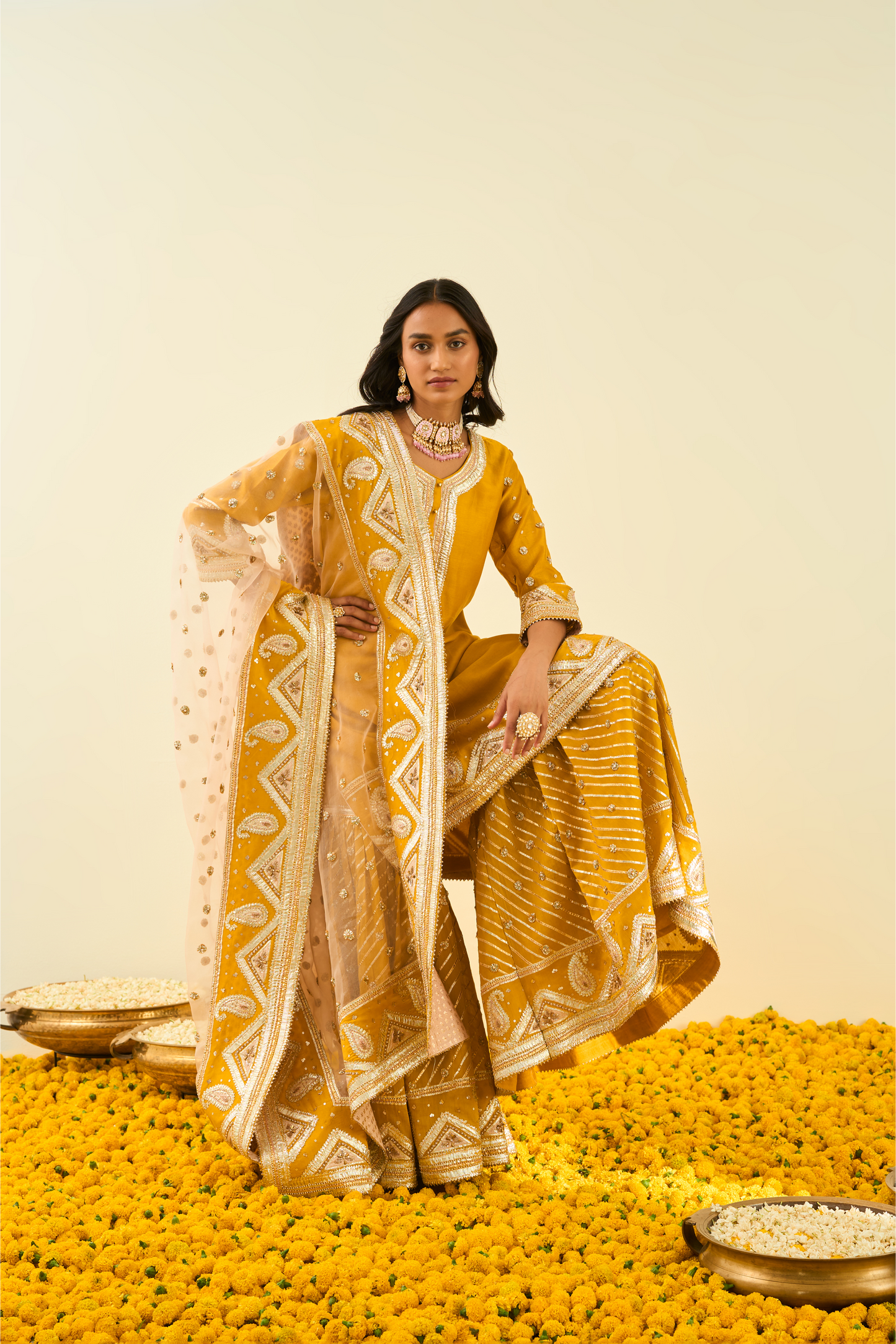 Shafna Kurta with Garara and Dupatta - Glaze Mustard