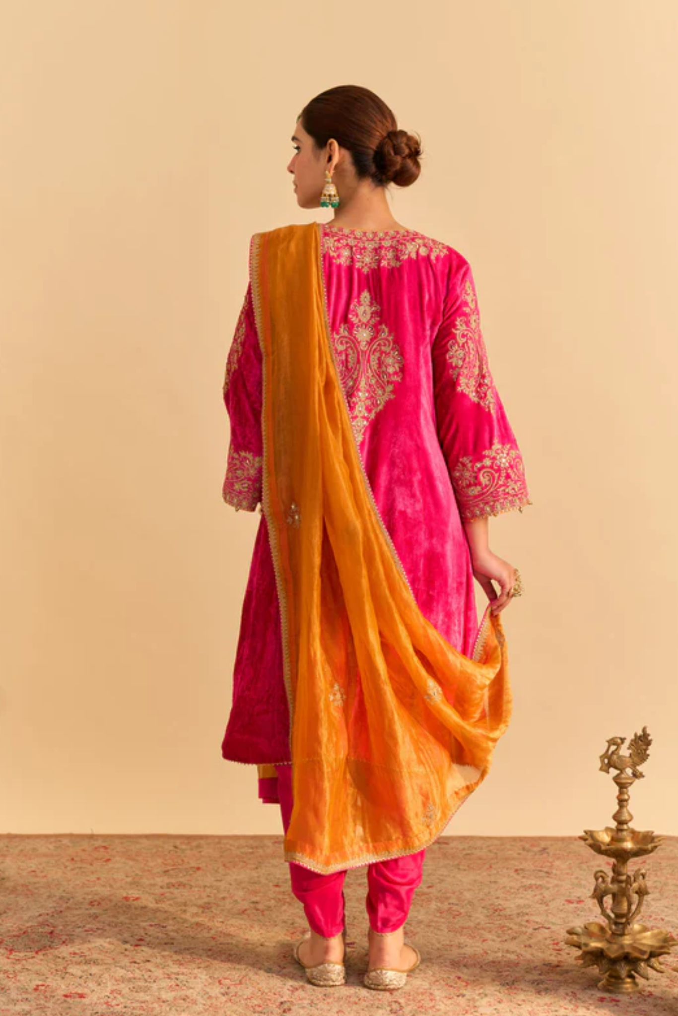 Eira - Silk Velvet Hotpink A-line Kurta With Dhoti