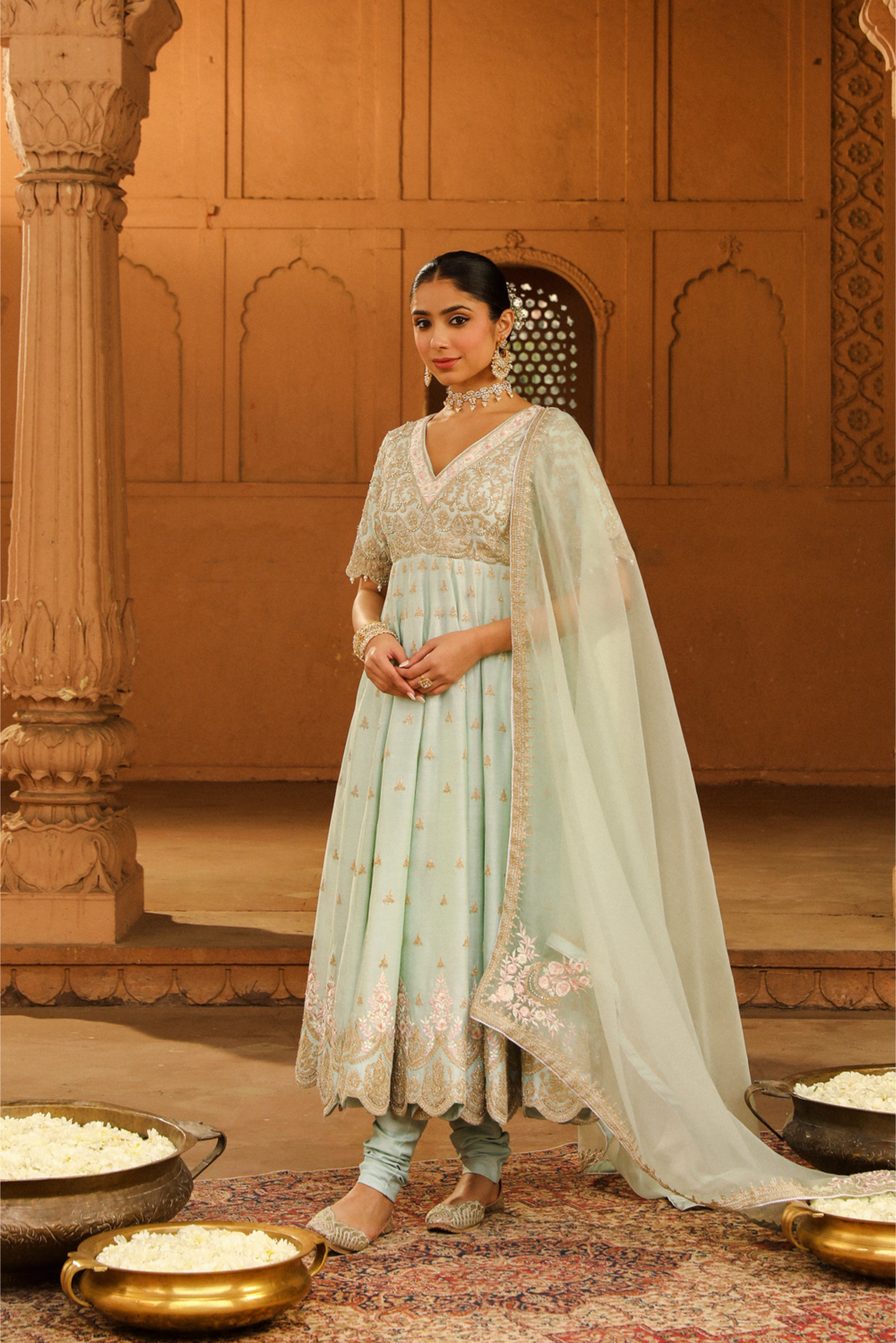 Wasifa Long Anarkali with chooridaar and dupatta - Misty Green