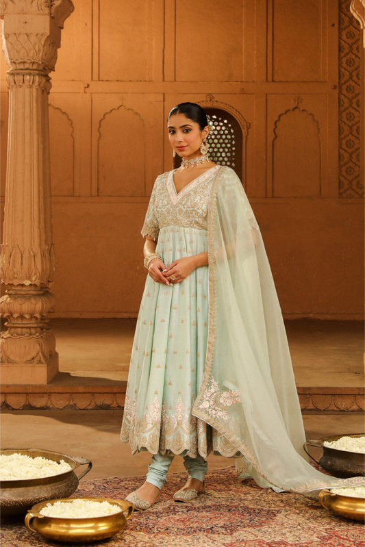 Wasifa Long Anarkali with chooridaar and dupatta - Misty Green