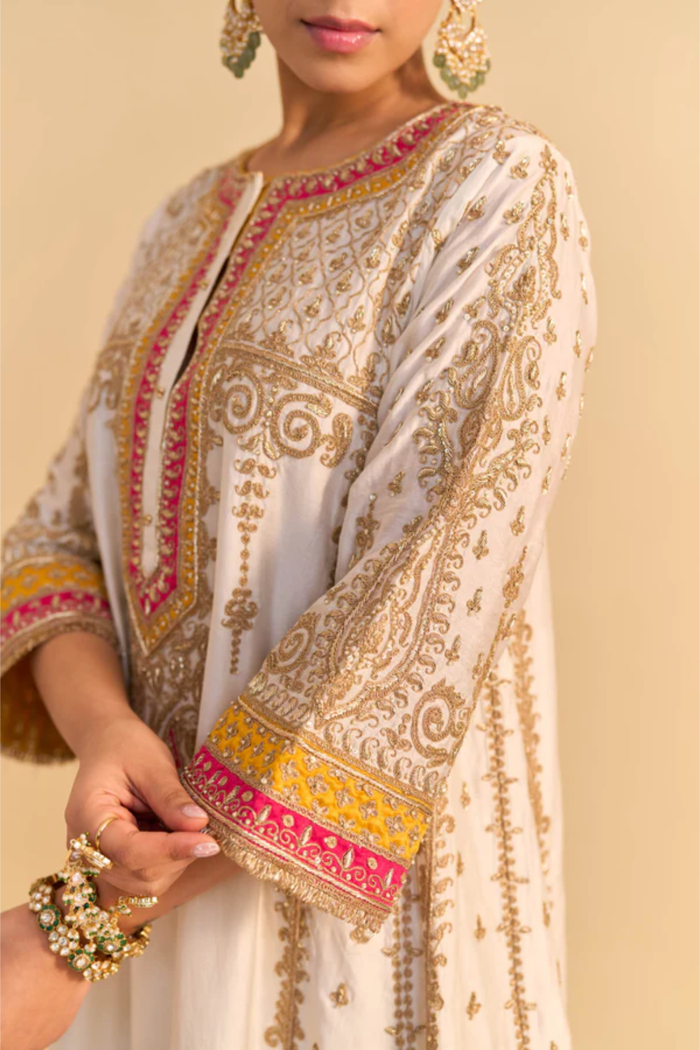 Zoya - Dabka Zardozi Embroidered Rich Banarasi Kalidaar Daisy Ivory Long Chauga Set