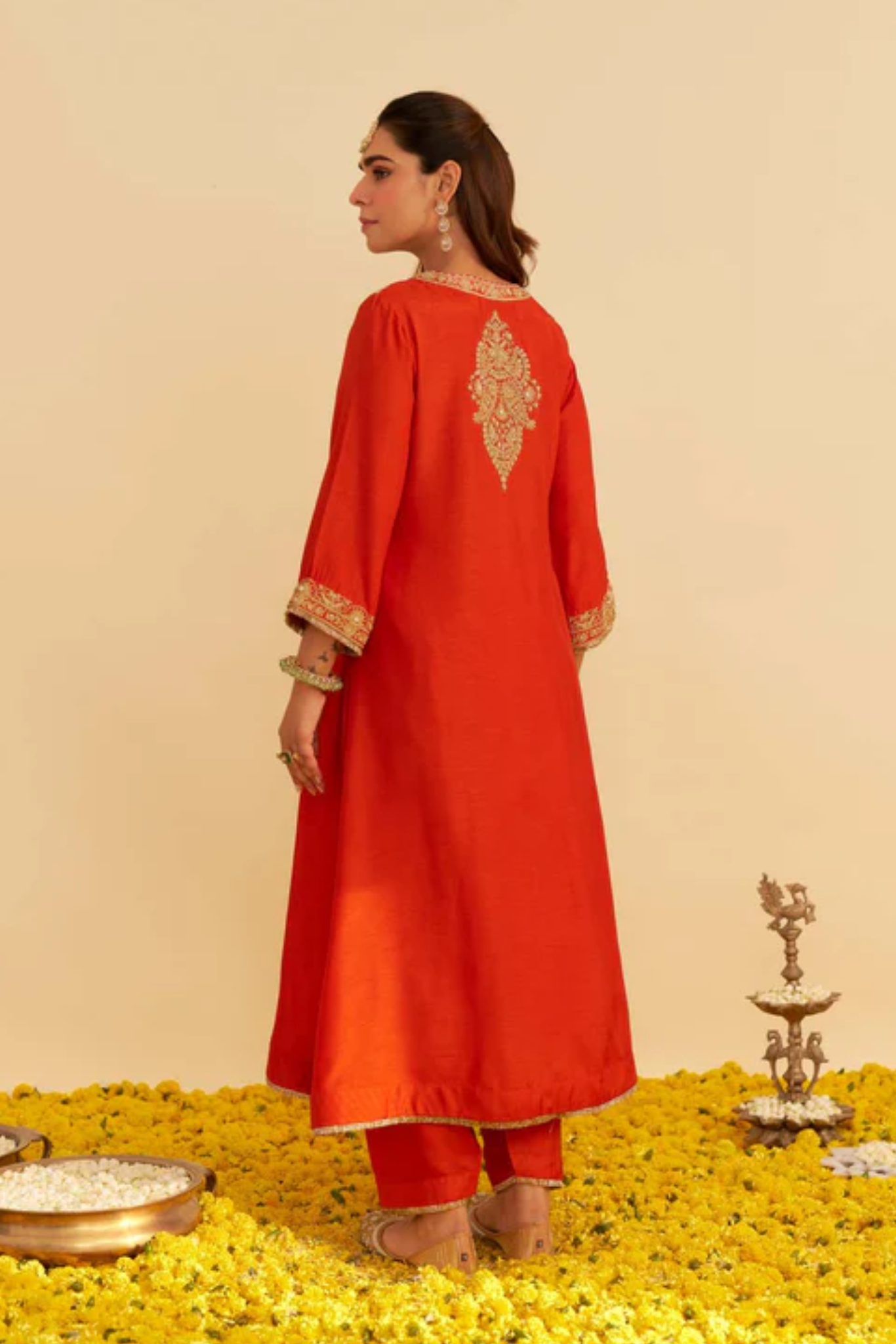 Hiba - Burnt Orange Long Kaftan With Salwar And Dupatta