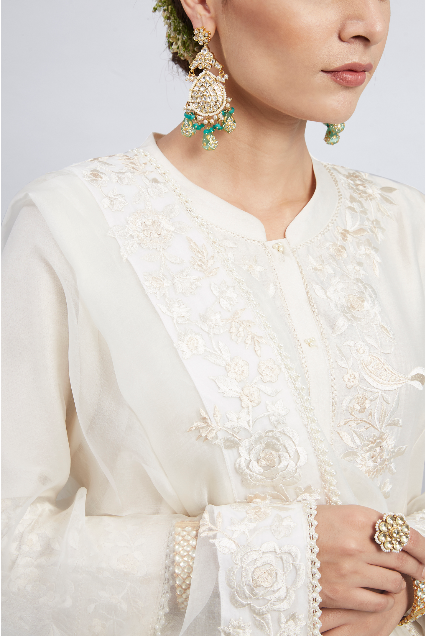 Kaina Pure Chanderi Silk Parsi Gara Embroidered Ensemble - Daisy Ivory