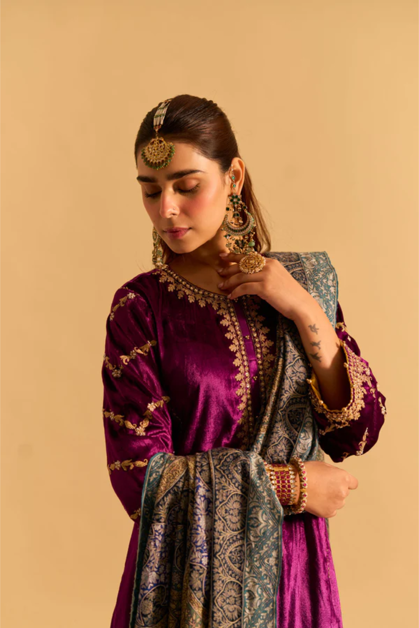 Azmiya - Silk Velvet Deep Purple Chauga With Salwar
