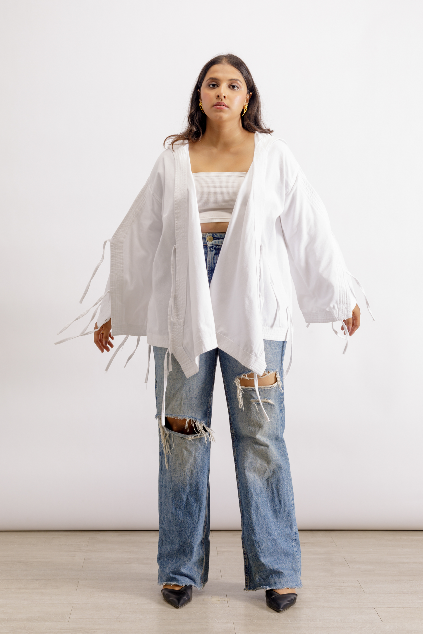 White Deconstructed Denim Cape Jacket