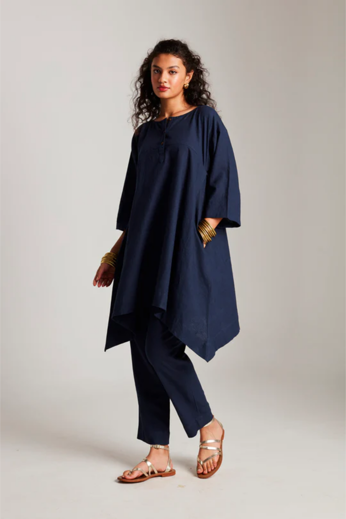 Navy Co-Linen High Low Kurta Set