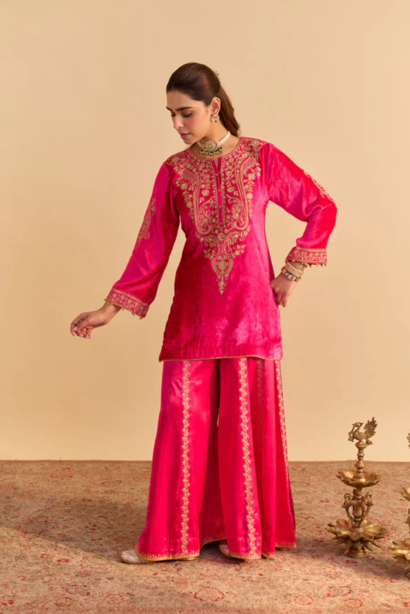 Aroob - Silk Velvet Hotpink Kurta With Sharara And Dupatta