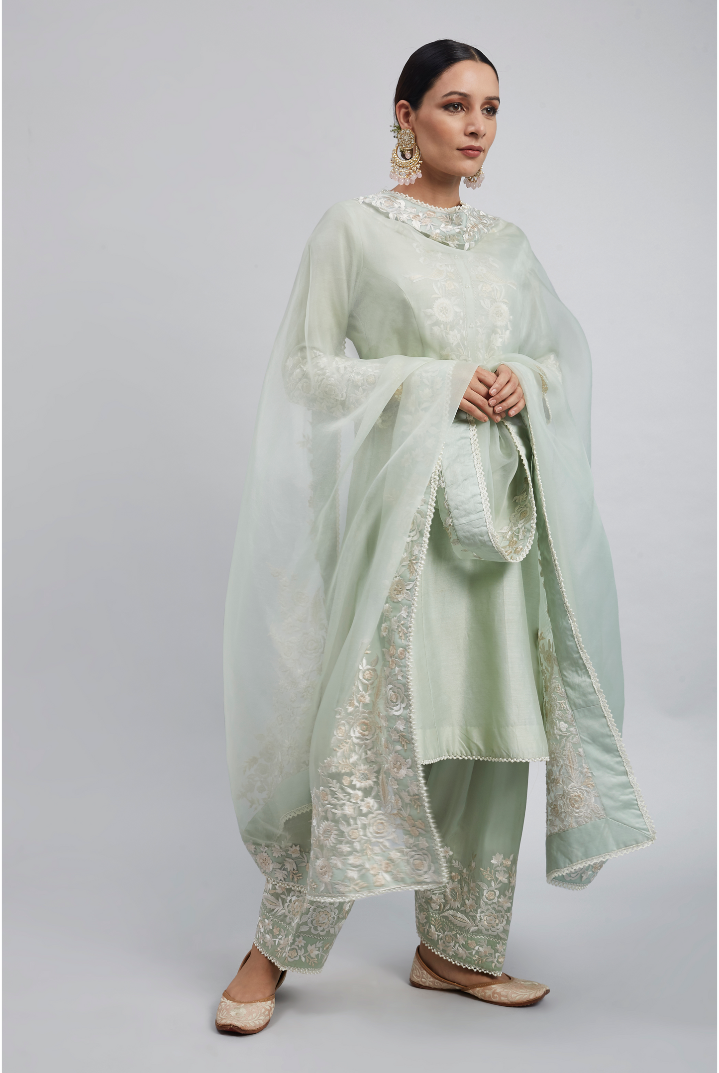 Kaina Pure Chanderi Silk Parsi Gara Embroidered Ensemble- Mint Green