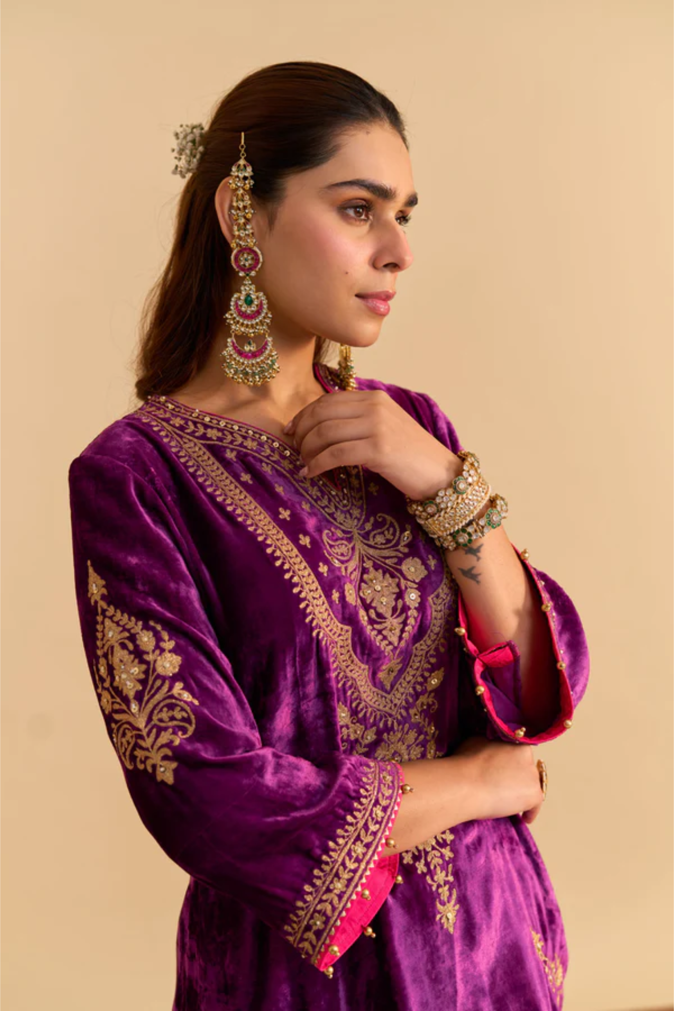 Nooren - Silk Velvet Deep Purple Kurta With Flared Palazzo And Dupatta