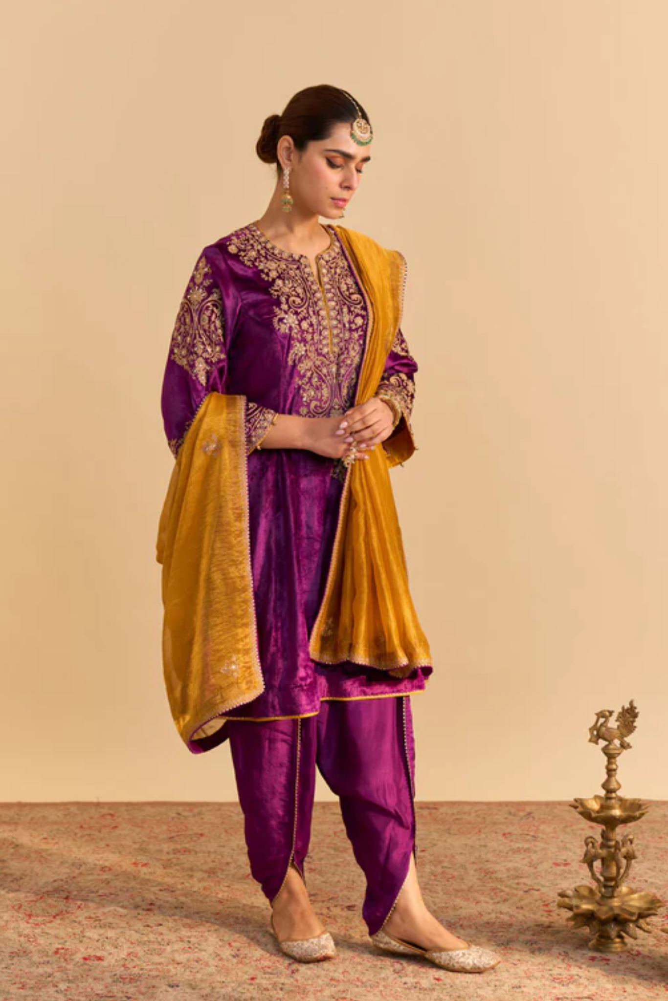 Eira - Silk Velvet Deep Purple A-line Kurta With Dhoti