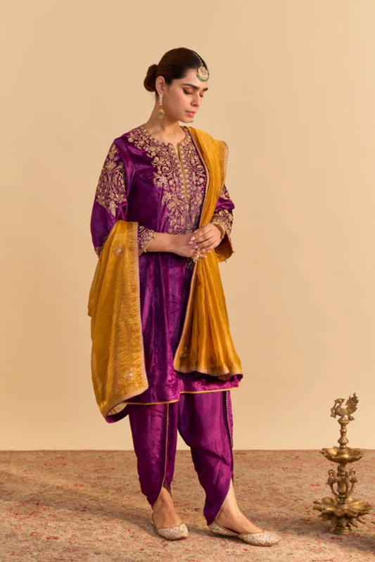 Eira - Silk Velvet Deep Purple A-line Kurta With Dhoti and Dupatta