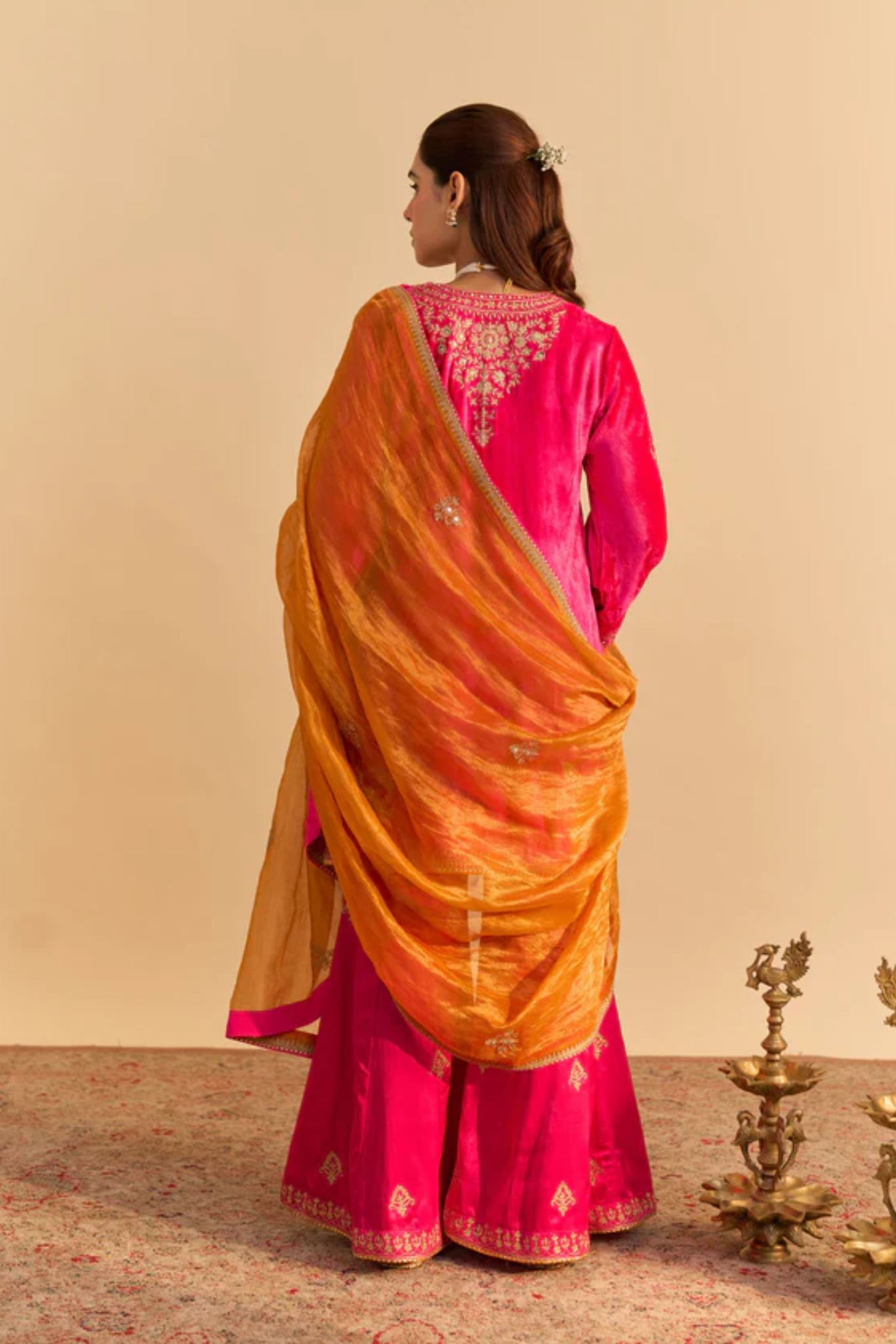 Nooren - Silk Velvet Hotpink Kurta With Flared Palazzo And Dupatta