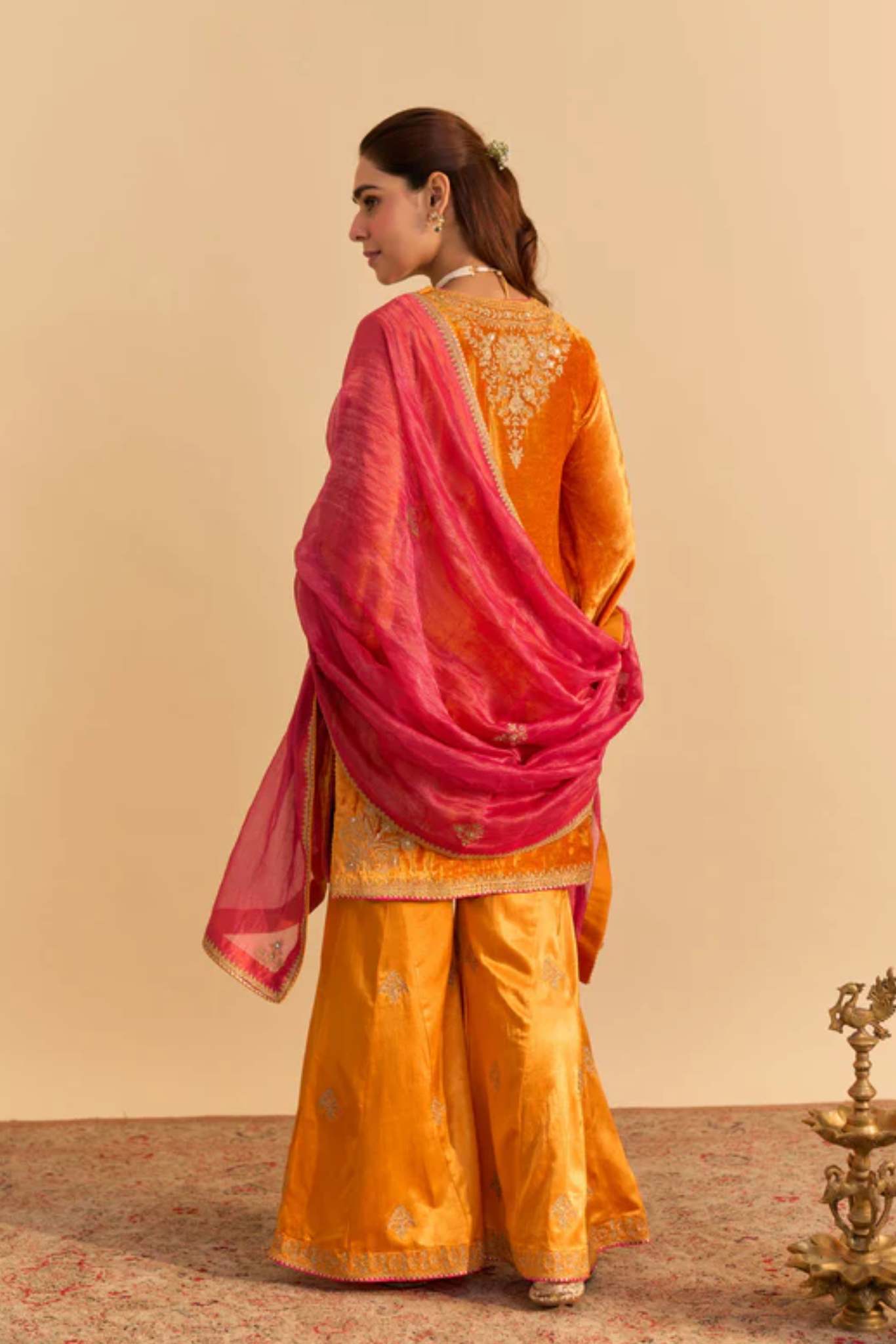 Nooren - Silk Velvet Orange Kurta With Flared Palazzo And Dupatta