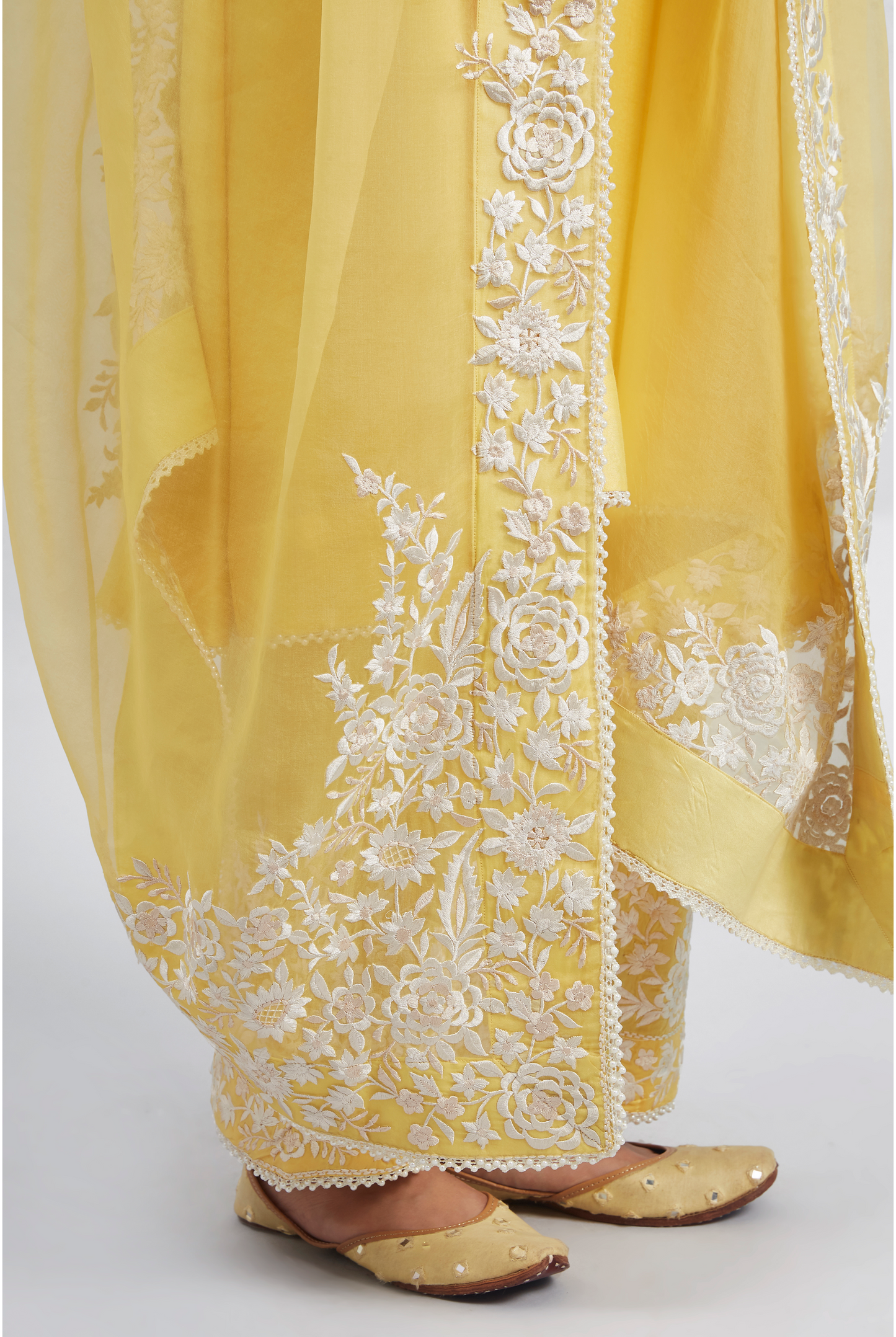 Kaina Pure Chanderi Silk Parsi Gara Embroidered Ensemble - Daffodil Yellow