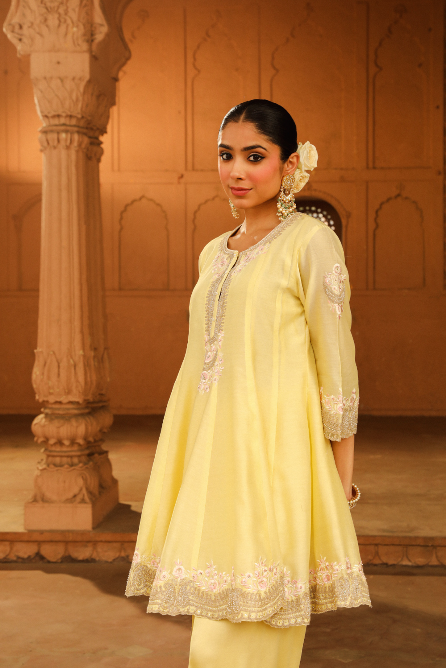 Faria Short Anarkali with salwar and dupatta - Lemon Yellow