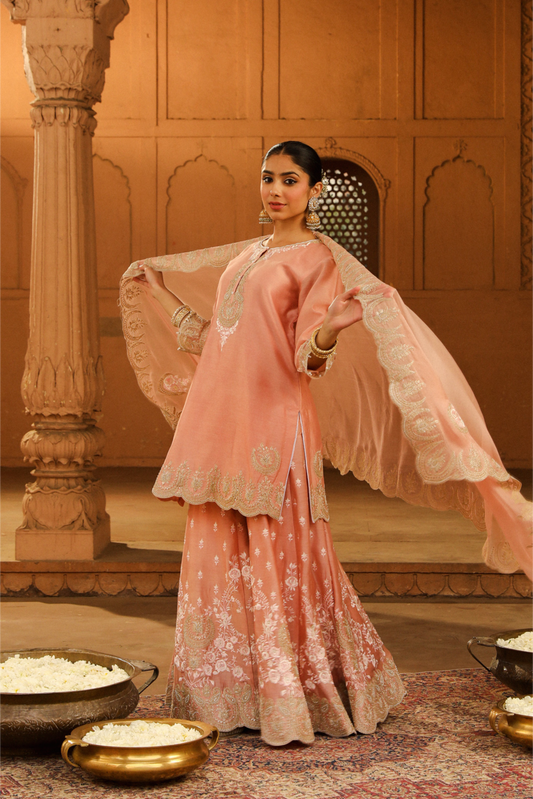 Ayda Short kurta with sharara and dupatta - Off Rose