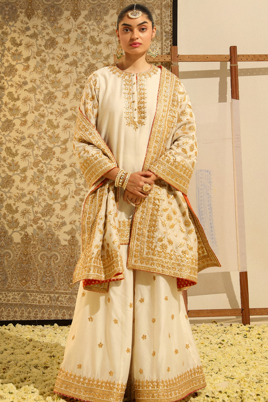 Suleman Hand Embroidered Kurta Sharara Set - Daisy Ivory