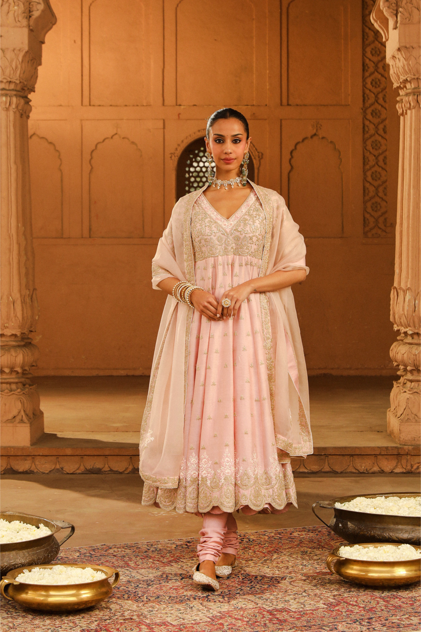 Wasifa Long Anarkali with chooridaar and dupatta - Blush Pink