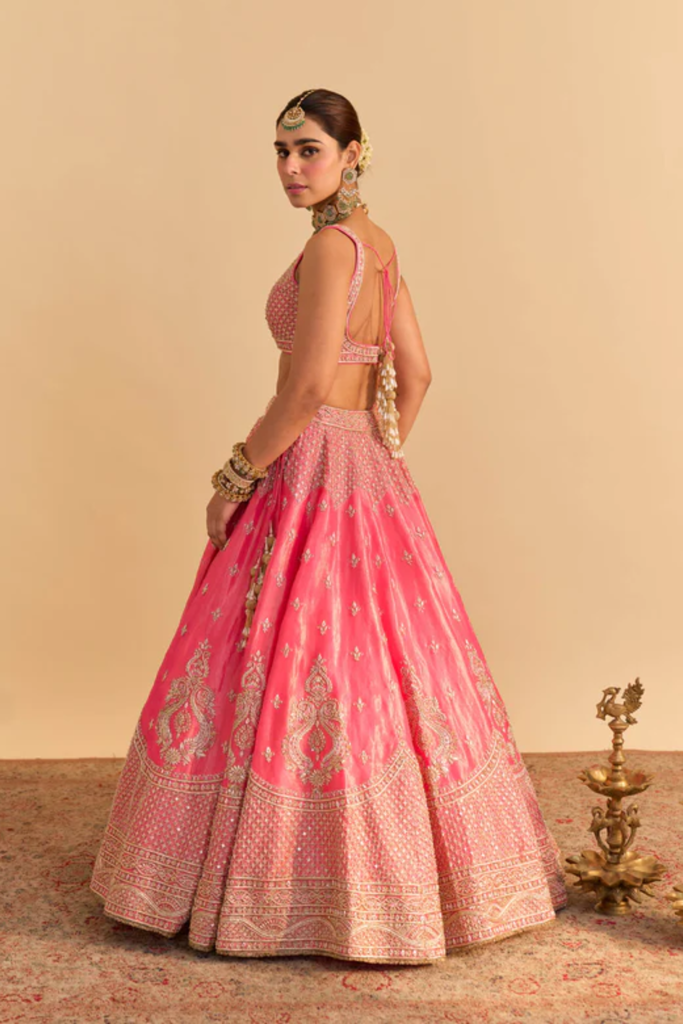 Aashina - Dabka Zardozi Embroidered Pure Tissue Carrot Pink Lehenga Set
