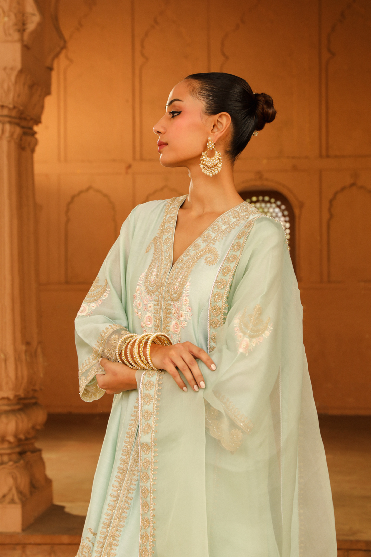 Fajr Short Anarkali with salwar and dupatta - Misty Green