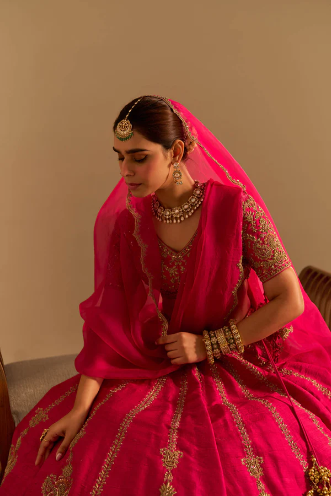 Naazila - Dabka Zardozi Embroidered Raw Silk Hotpink Lehenga Set