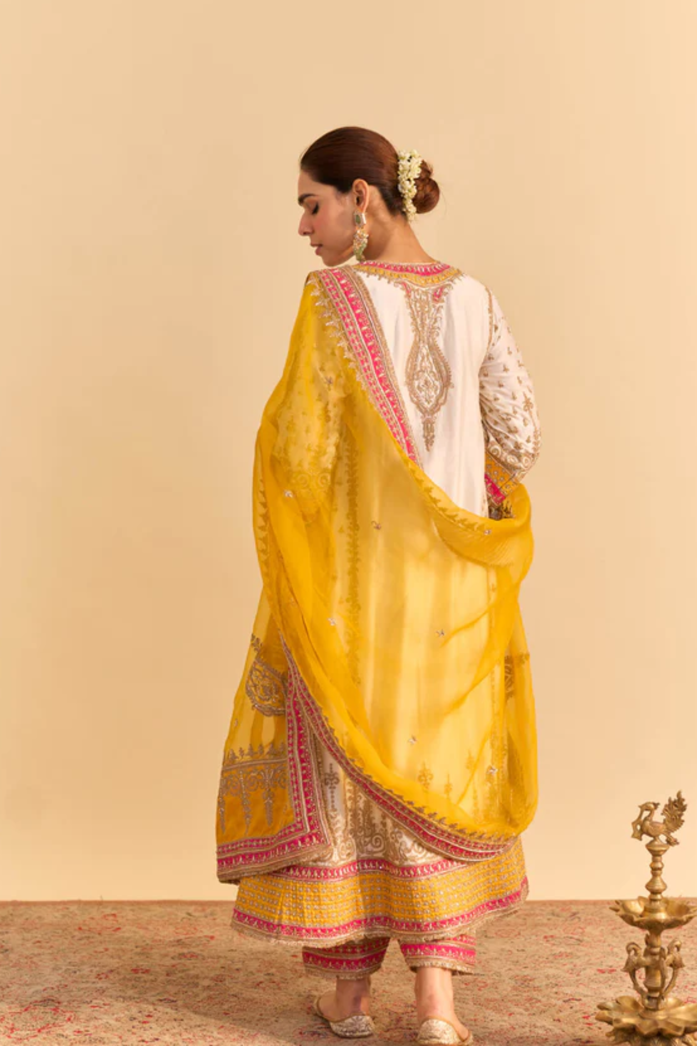 Zoya - Dabka Zardozi Embroidered Rich Banarasi Kalidaar Daisy Ivory Long Chauga Set