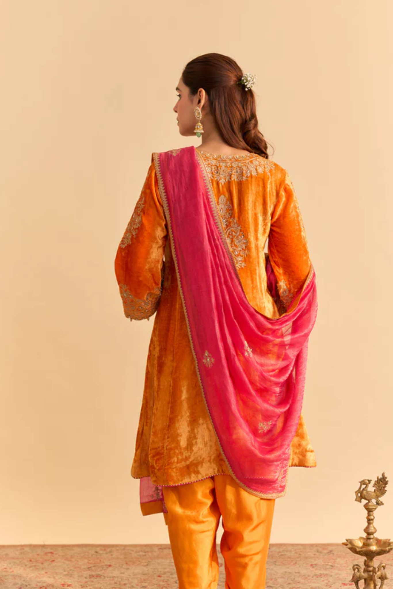 Eira - Silk Velvet Orange A-line Kurta With Dhoti